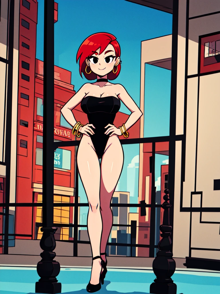 solo, 1 girl, black eyes, black dress, bare shoulders, jewelry, red medium hair, bob hair, bracelet, strapless, hoop earrings, black choker, high heels, looking at viewer, hands on hips, smile, big breasts, hotel background, looking at viewer, hands on hips, high quality, high resolution.