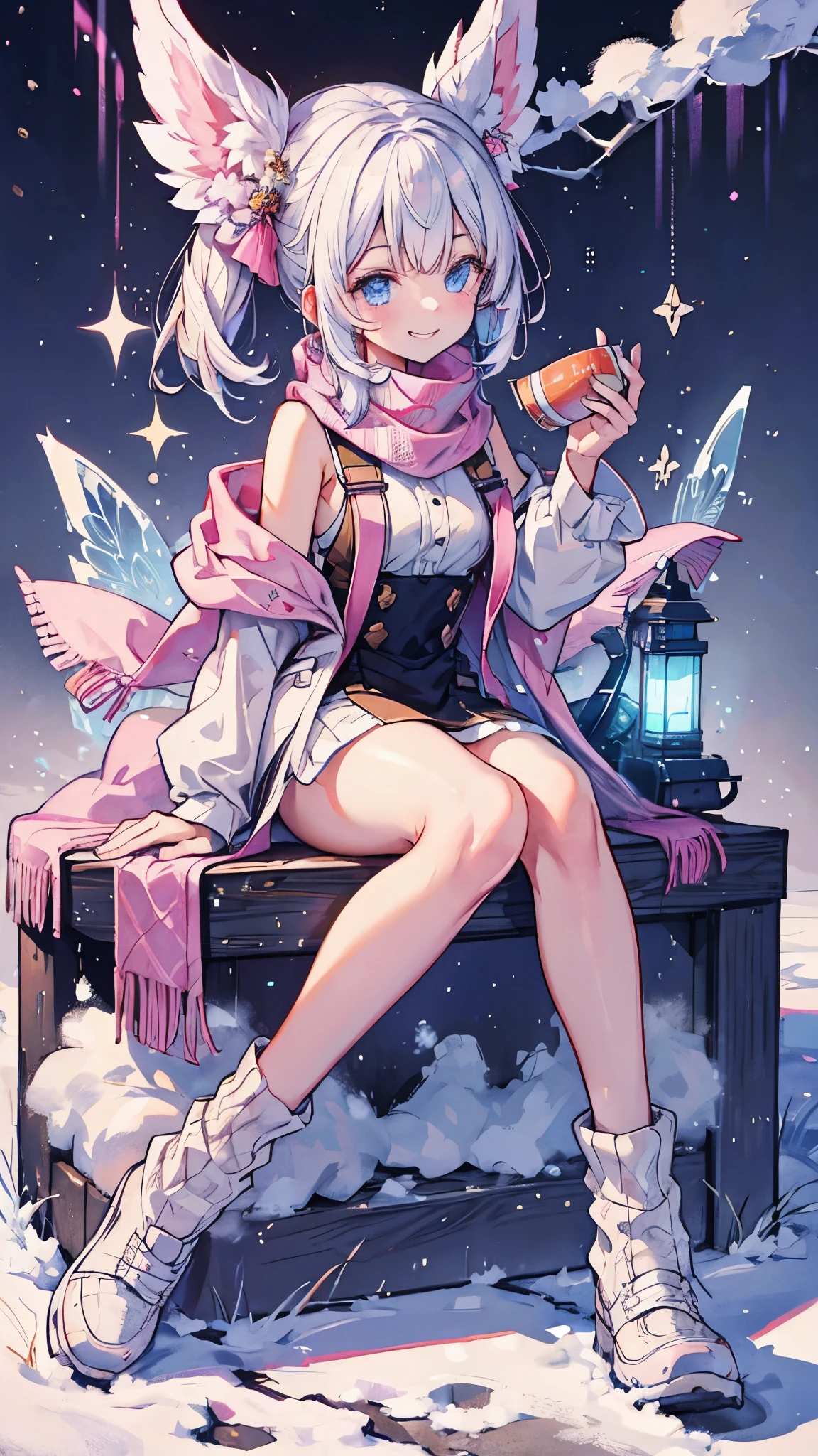 A girl with white hair and blue eyes was running on a snow-covered road, with a pink wool scarf wrapped around her neck and a bright smile. Sitting drinking tea