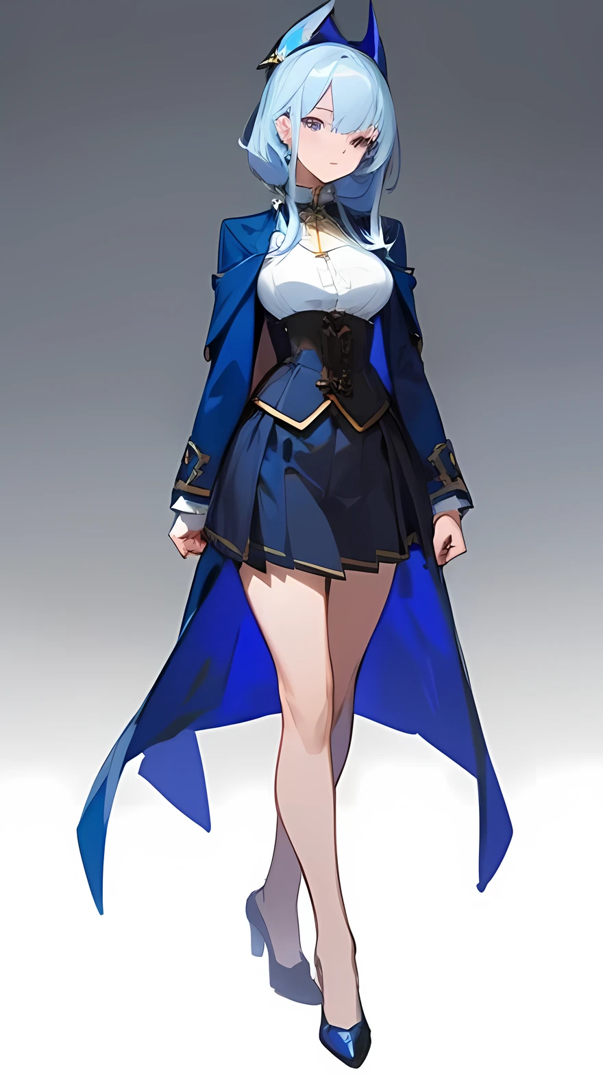 full body, slim girl with medium height, modest fantasy academy uniform, white shirt, dark blue blue blazer, dark blue skirt. black corset, trendy medieval fantasy academy outfits theme. (high quality, sharp image, masterpiece, fantasy academy background)