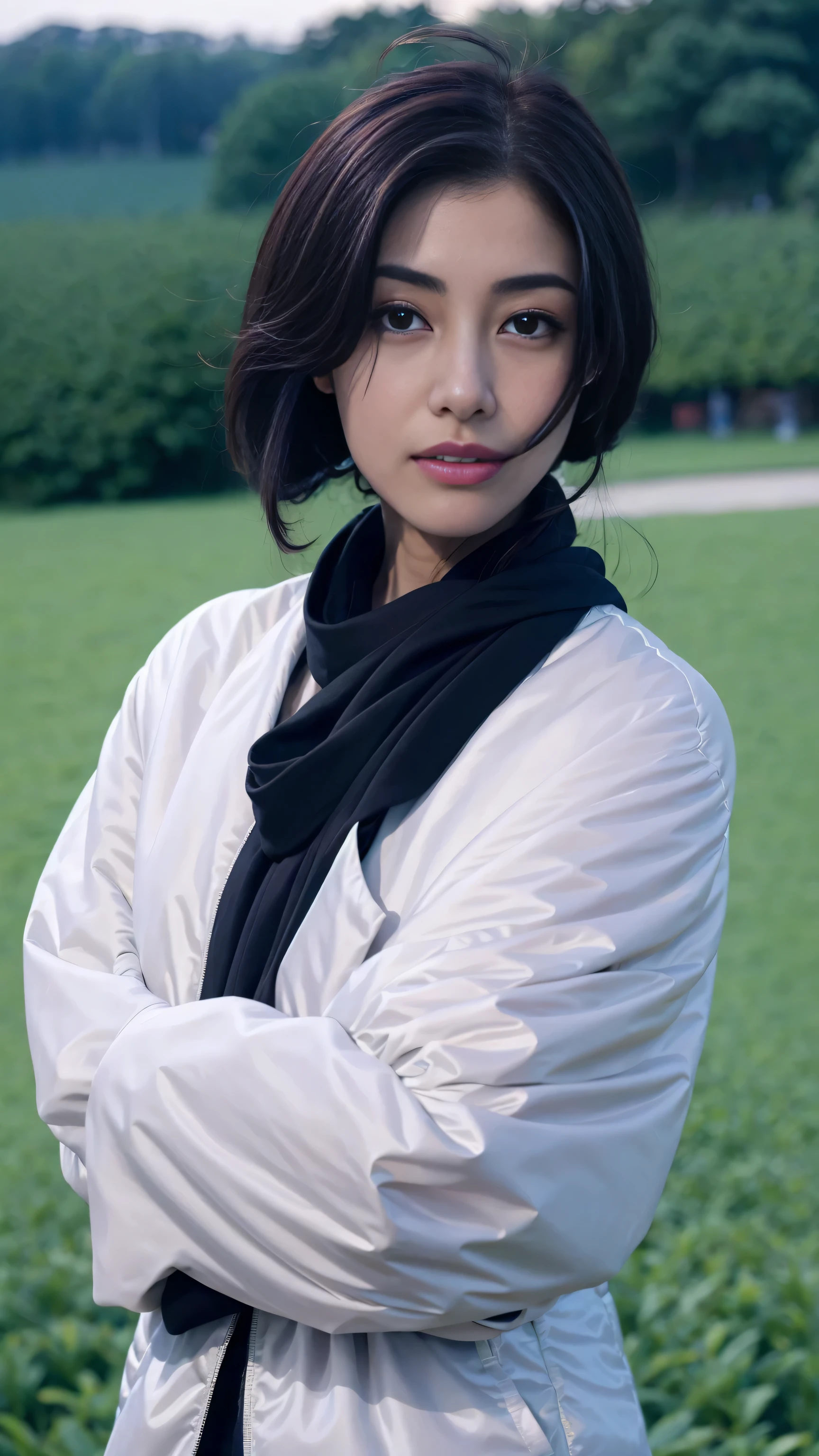 8k, best quality, masterpiece, actual, Super detailed, photo actual, Quality improvement, Photo of a girl wearing a scarf standing in a field, Dark brooding designer style, many qualities, Photo display, calm face, ((脸部close up)),jagged edges, navy, natural beauty, close up