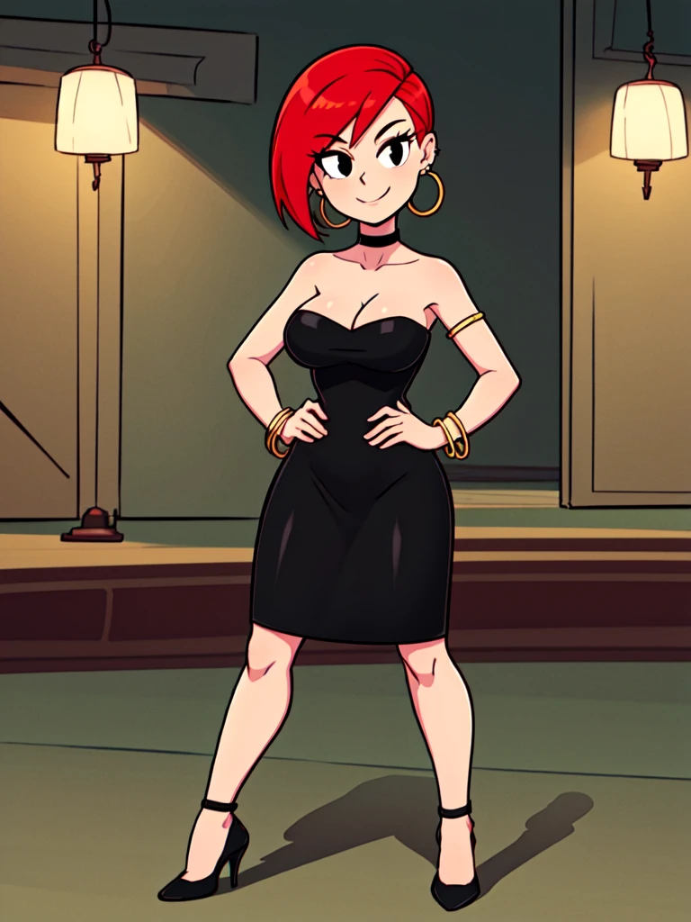 solo, 1 girl, black eyes, black dress, bare shoulders, jewelry, red hair, bob hair, bob cut, bracelet, strapless, hoop earrings, black choker, high heels, looking at viewer, hands on hips, smile, big breasts, fancy hotel background, looking at viewer, hands on hips, high quality, high resolution.