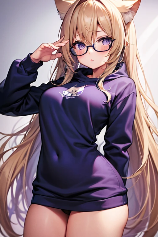 a girl，Long light blonde hair，The current is very long，There is a long black dull hair，Blue-purple eyes，wear glasses，shy，White large sweatshirt with golden cartoon cat pattern on it