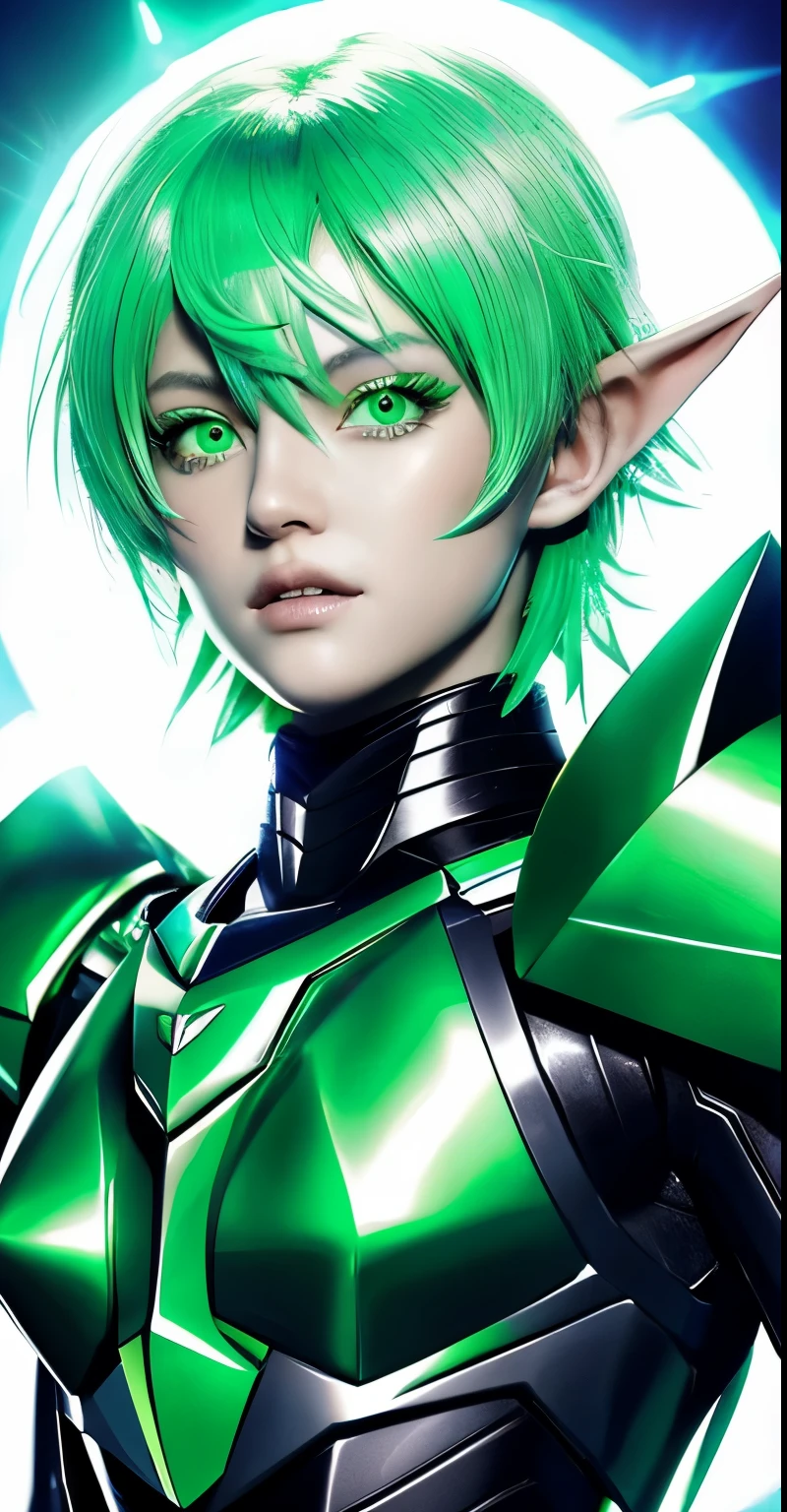 goblin, iridescent green wings, Armor made of iridescent green crystals, Green hair and eyes, shine with power, masterpiece, Top quality paichun