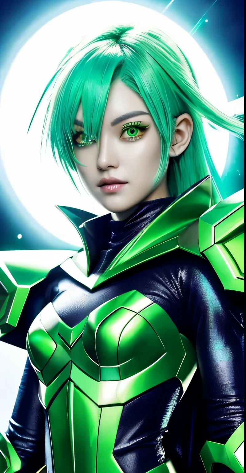 goblin, iridescent green wings, Armor made of iridescent green crystals, Green hair and eyes, shine with power, masterpiece, Top quality paichun