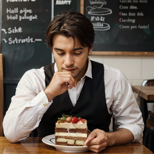 Man at a cafe, slice of cake