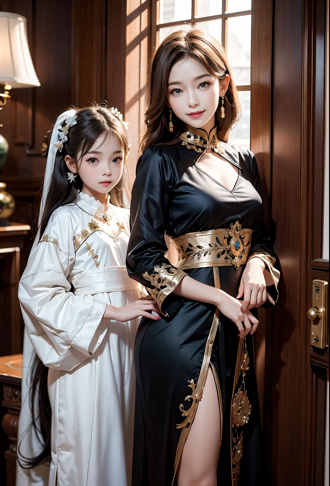 best quality，masterpiece，ultra high resolution，（Fidelity：1.4），original photo，Smile，2 girls，25-year-old woman and ***************，ladies and ***********s, mother and daughter,，charming，