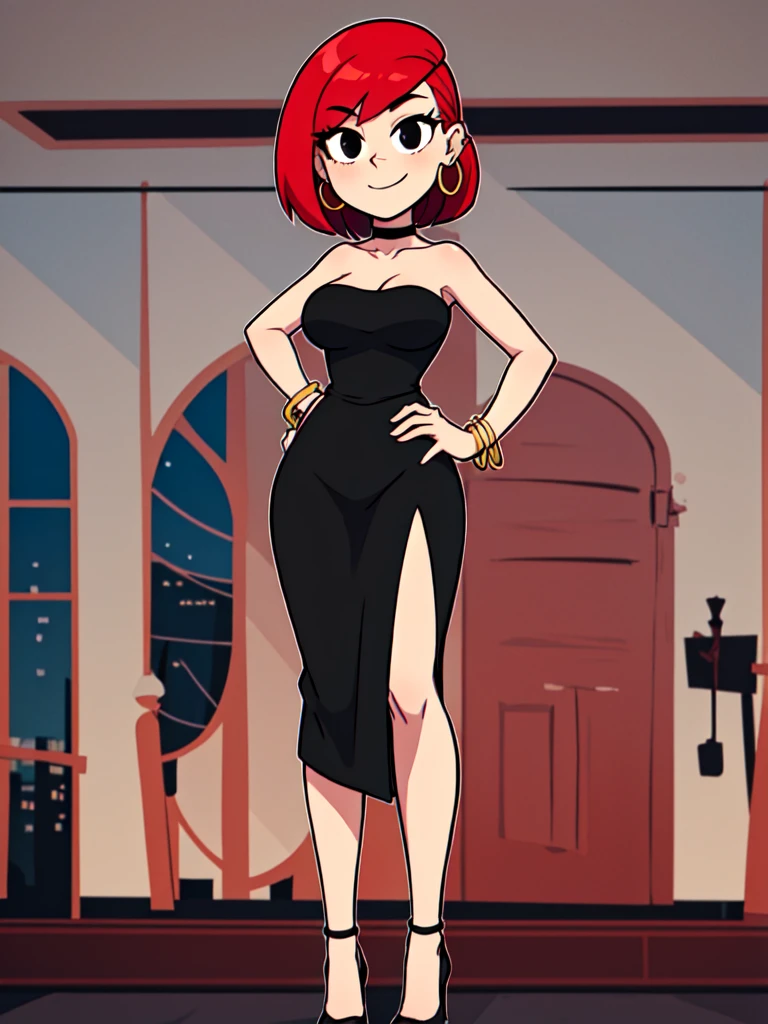 solo, 1 girl, black eyes, black dress, bare shoulders, jewelry, red hair, bob hair, bob cut, bracelet, strapless, hoop earrings, black choker, high heels, looking at viewer, hands on hips, smile, big breasts, fancy hotel background, looking at viewer, hands on hips, high quality, high resolution.