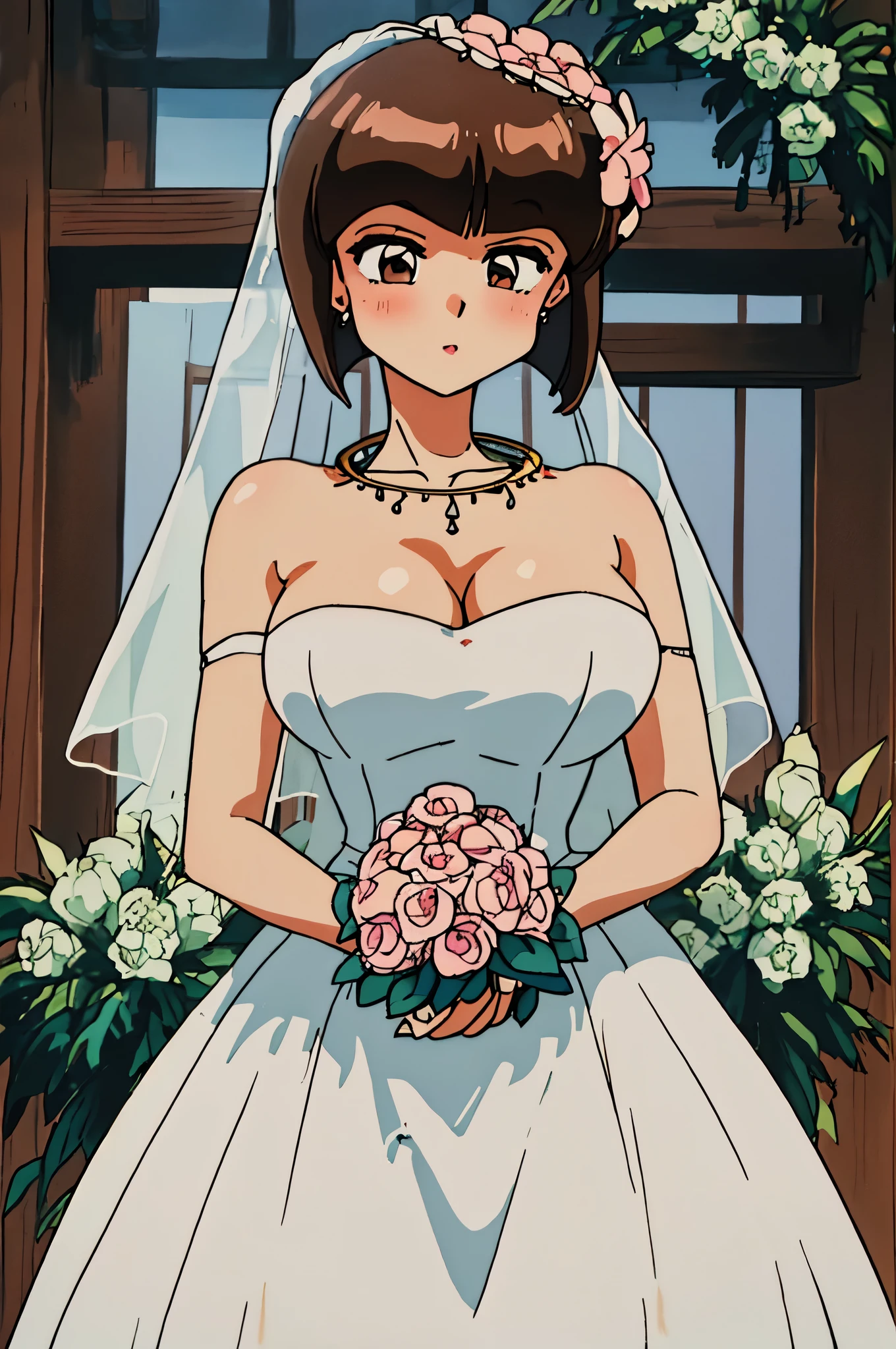 Nabiki_tendo，Brown hair，masterpiece, best quality, Detailed face, delicate eyes,  Close-up of beautiful bride wearing beautiful wedding dress,Gurwitz,(bridal veil:1.5），（Transparent short veil：1.5），Blushing face，Head flower，headgear，（tube top wedding dress：1.5），（Silk dress：1.2）,（Strapless wedding dress：1.5）,pure white dress，necklace，earrings，(large breasts:1.3)，Deep V peach heart collar wedding dress，Bangs，lipstick，（lace gloves：1.3）,whole body照,High detail RAW color art,Long white dress，whole body，Place your hands behind your back，