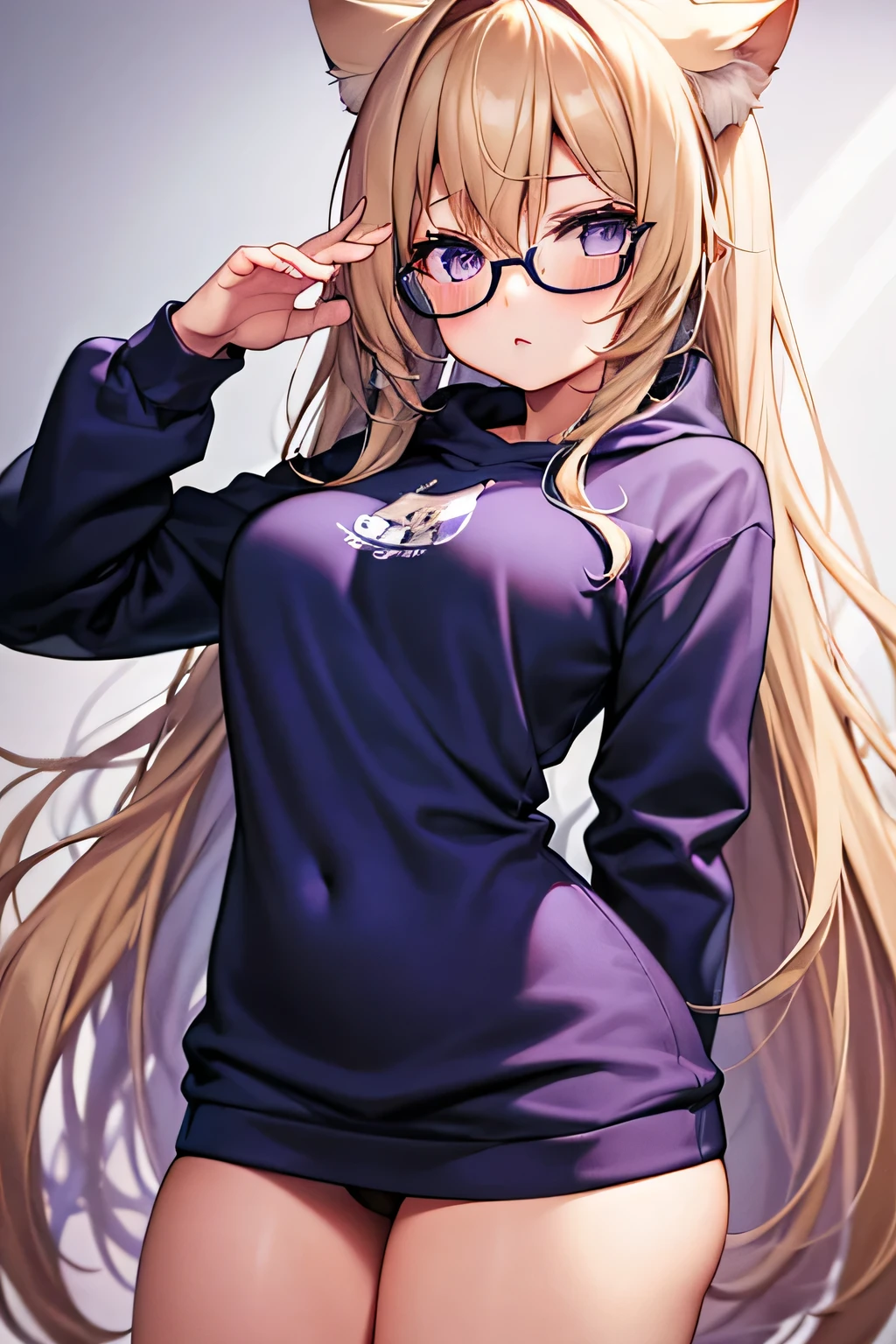 a girl,light blonde hair,The current is very long,Has long, dark hair,bluish violet eyes,wear glasses,Shy,White large sweatshirt,There is a golden cartoon cat pattern on it