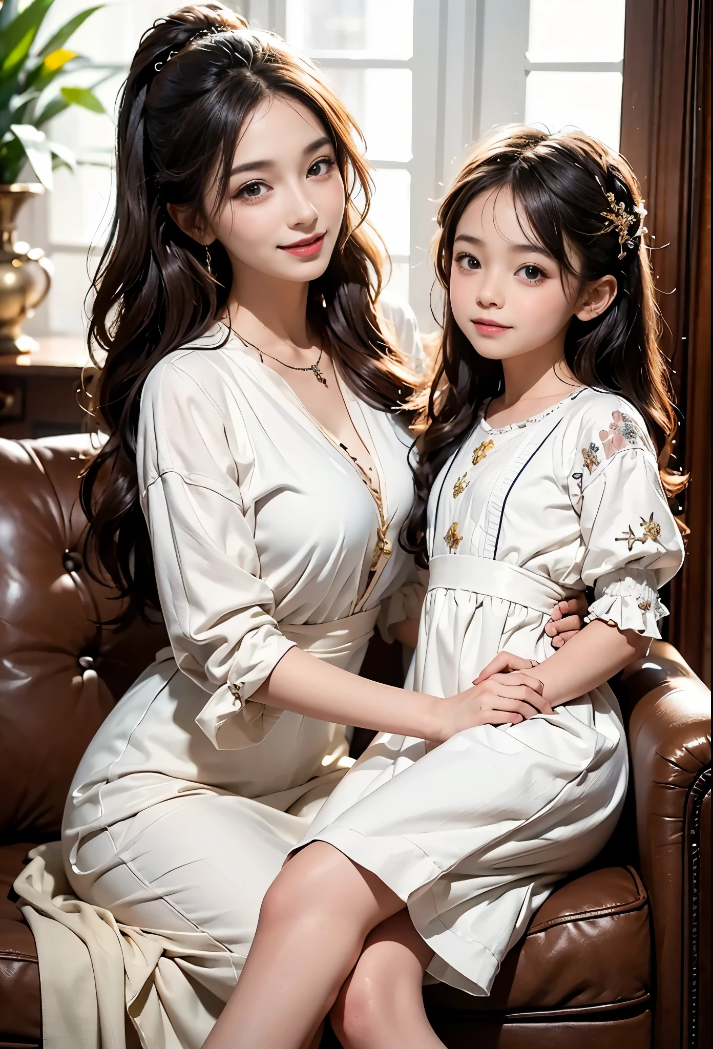 best quality，masterpiece，ultra high resolution，（Fidelity：1.4），original photo，Smile，2 girls，25-year-old woman and ***************，ladies and ***********s, mother and daughter,，charming，