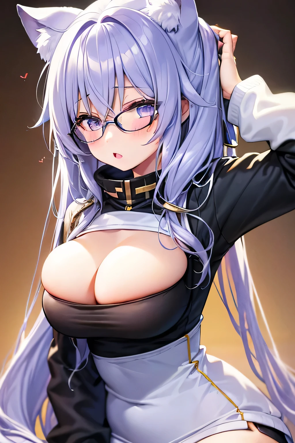 a girl,light blonde hair,The current is very long,Has long, dark hair,bluish violet eyes,wear glasses,Shy,White large sweatshirt,There is a golden cartoon cat pattern on it