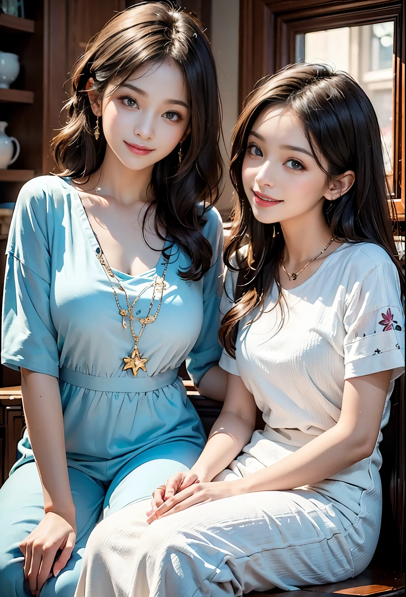 best quality,masterpiece,ultra high resolution,(Fidelity:1.4),original photo,Smile,2 girls,25-year-old woman and 8-year-old girl,ladies and little girls, mother and daughter,,charming,