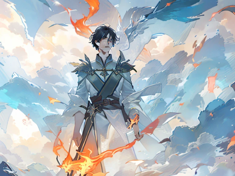 masterpiece, best quality, 1 male, adult, handsome, tall muscular guy, broad shoulders, finely detailed eyes and detailed face, extremely detailed CG unity 8k wallpaper, intricate details, short hair, fantasy, magnificent background, throne, magic effect, flame, depth of field