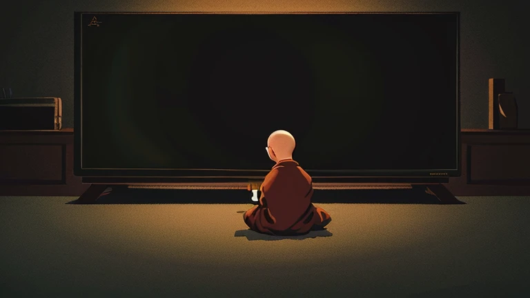 Cartoon illustration of a very small and young Zen monk meditating in front of a large blackboard in a dark room with only one candle and nothing else