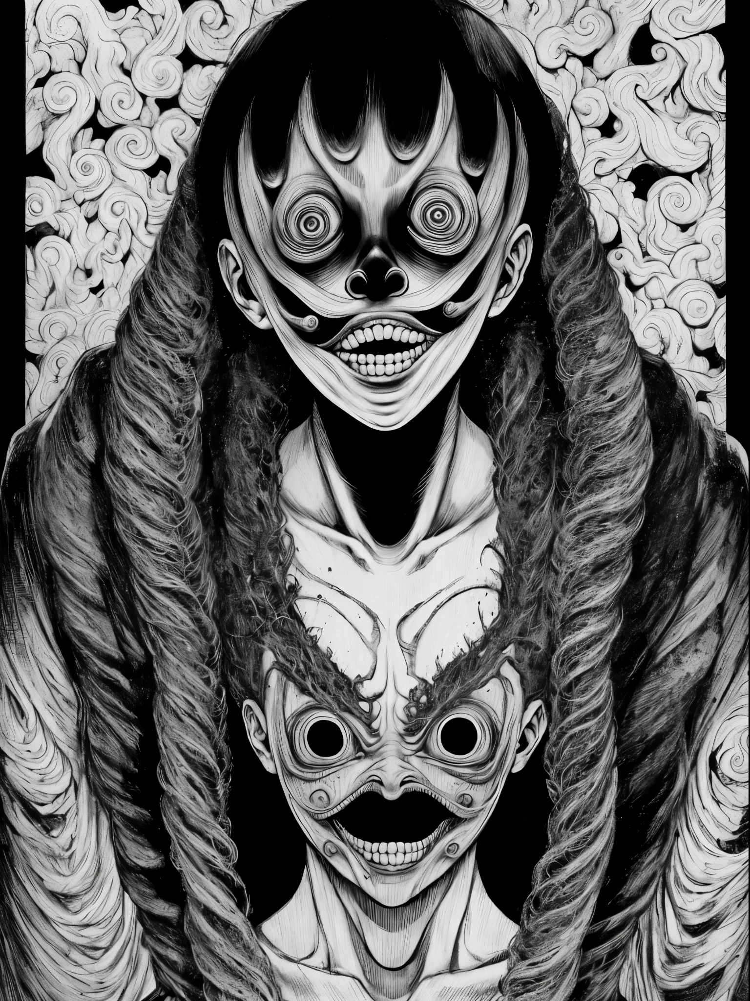Grotesque body horror girl with curly black hair in the style of junji ito