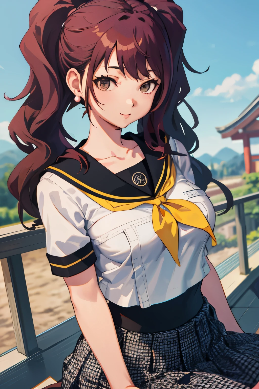 masterpiece, best quality, highres, rural japan, japanese architecture in the background, smile, 1girl, solo, looking at viewer, breast rest, kujikawarise, long hair, medium breasts, twintails, bangs, skirt, collarbone, school uniform, white shirt, shirt, short sleeves, pleated skirt, serafuku, black skirt, sailor collar, neckerchief, black sailor collar, yellow neckerchief, yasogami school uniform, earrings.