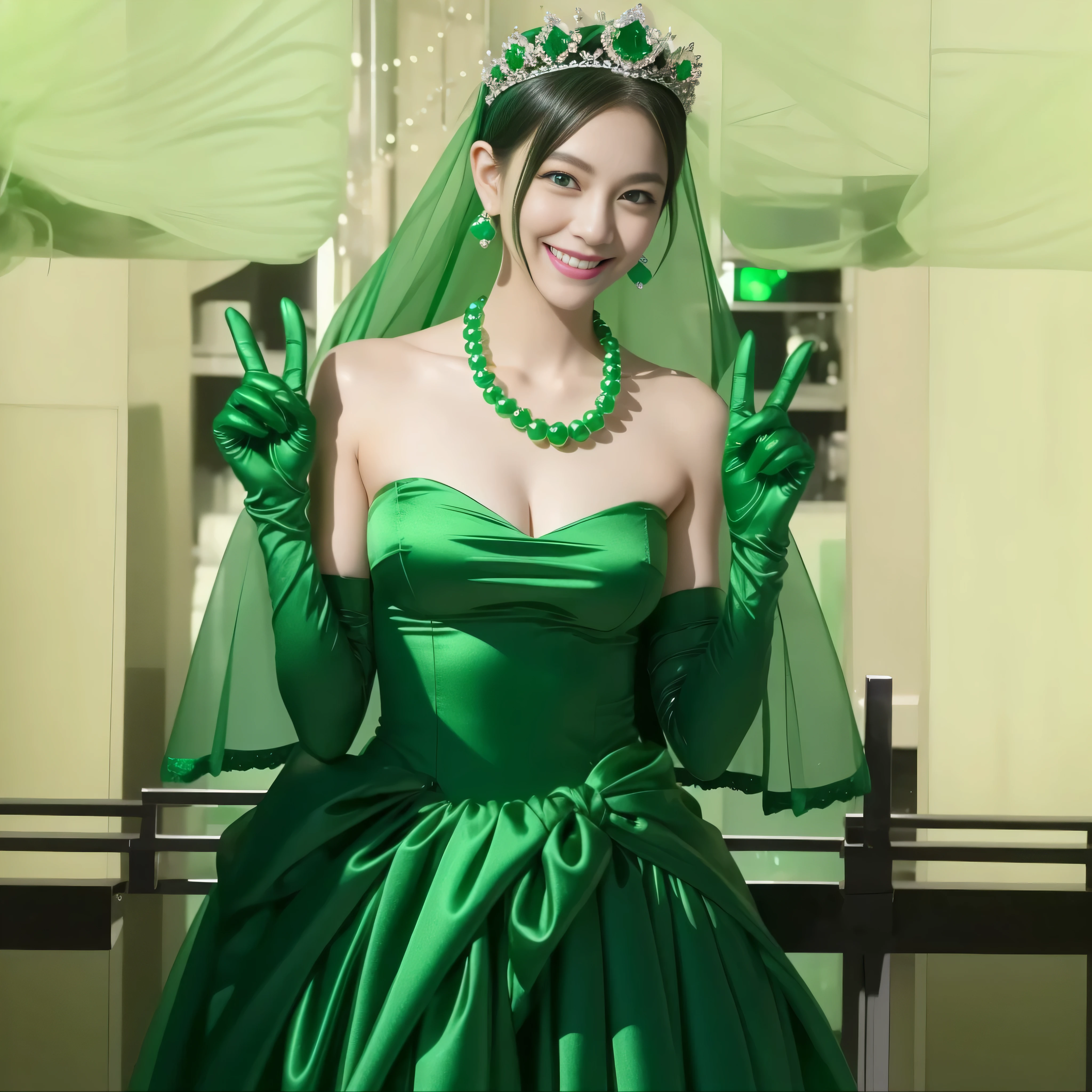 emerald tiara, green pearl necklace, boyish very short green hair, lipstick, smiling Japanese woman, very short hair, big breasts beautiful, green eyes, Long green satin gloves, green eyes, V sign, emerald earrings, green veil