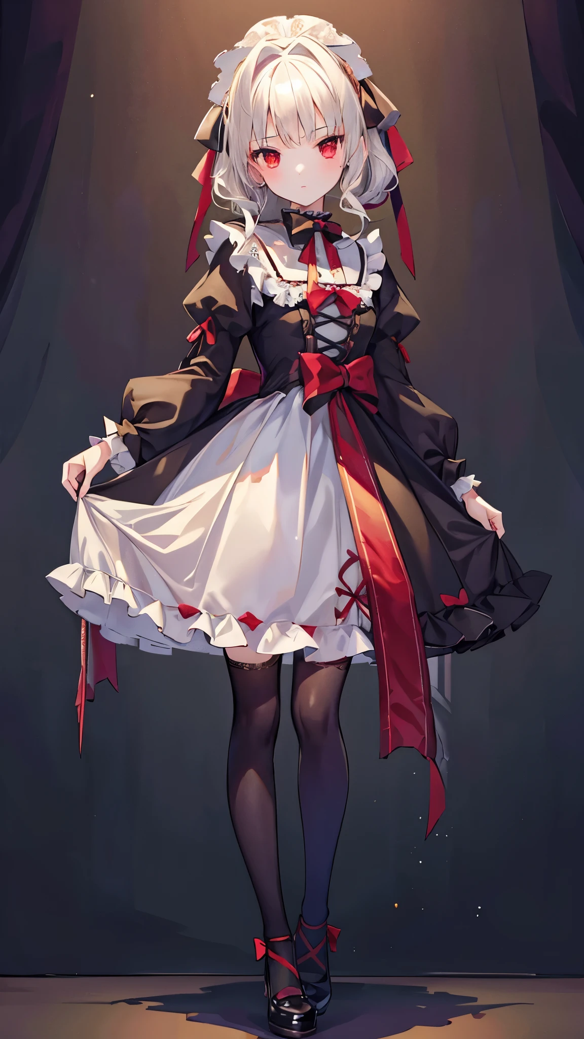 1 girl、((Full body Esbian、Standing picture))、High level of image quality、table top、Stands beautifully、Standing picture、quality、最高quality、 最高quality, masterpiece, young、slim figure、masterpiece, 最高quality, masterpiece, 最高quality,very detailed,{最高quality}, {{masterpiece}}, {High resolution},original, {very delicate and beautiful},masterpiece, 最高quality,very detailed,{最高quality}, ((((ta)))), frills、Evil Flower{High resolution}, very detailed 8K 壁紙, 1 girl, red eyes,loli、ribbon on foot、
(Low Gothic:1.24)、Pose with movement、