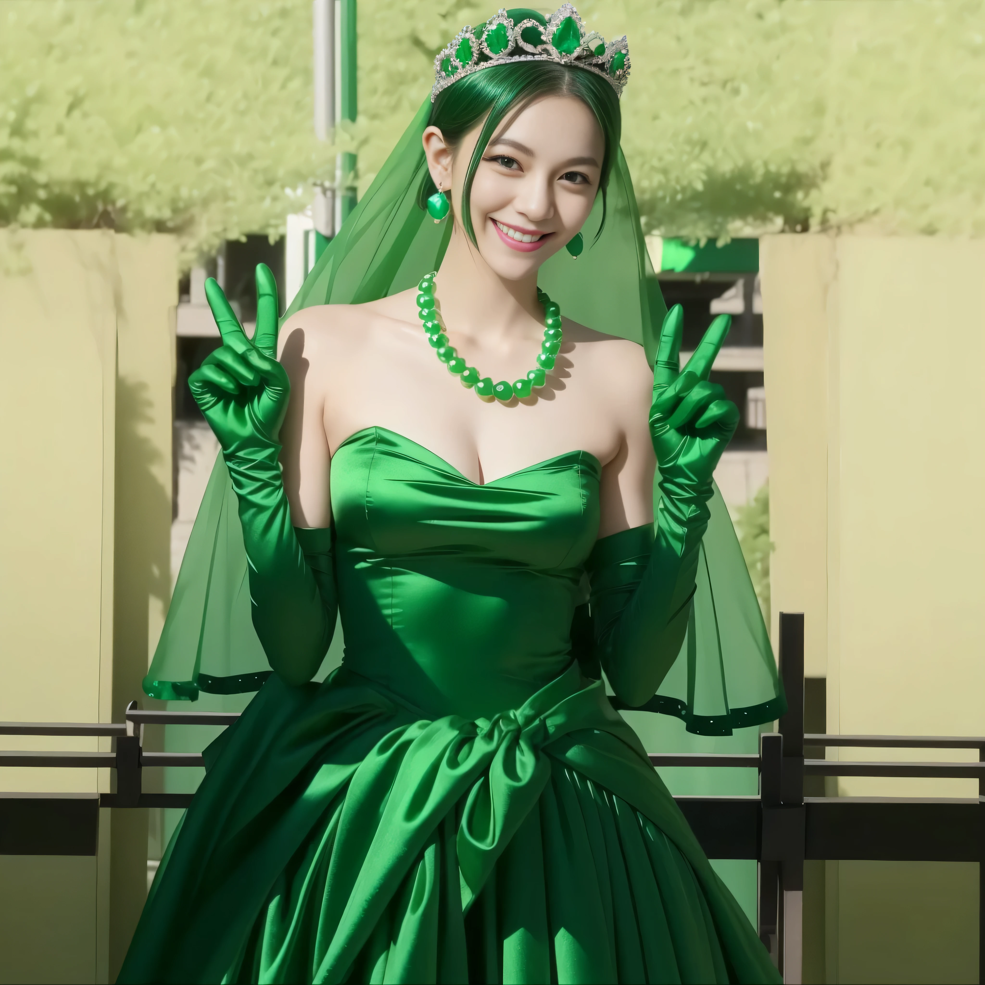 emerald tiara, green pearl necklace, boyish very short green hair, lipstick, smiling Japanese woman, very short hair, big breasts beautiful, green eyes, Long green satin gloves, green eyes, V sign, emerald earrings, green veil