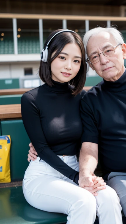 1 office lady and 1 old man sitting,close to each other, (his arm touching her breast:1.1),very cute face, bob hair, thin fabric turtleneck, headset,baseball stadium,perfect anatomy, masterpiece, best quality, perfect face