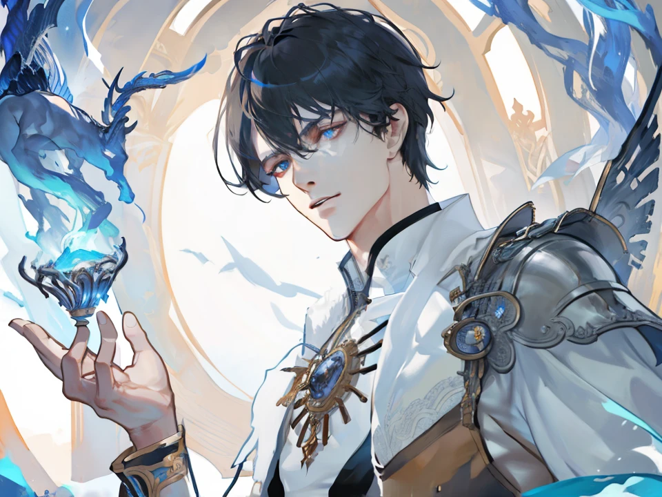 masterpiece, best quality, 1 male, adult, handsome, tall muscular guy, broad shoulders, finely detailed eyes and detailed face, extremely detailed CG unity 8k wallpaper, intricate details, short hair, fantasy, magnificent background, throne, magic effect, flame, depth of field
