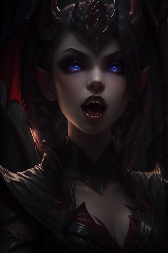 Vampire Girl , Masterpiece, ,(独奏:1.1), a perfect face, (vivid lighting:1.2),beautiful detail eyes, extremely detailed face, perfect  lighting,Masterpiece, Best Quality, 1girl, pale skin, hairlong, 20years old , red eyes, fangs, A glass of blood in his hand, Complex hairstyle, vampire fangs, open mouth, sharp teeth, vampire fangs, in full height , seductive position,