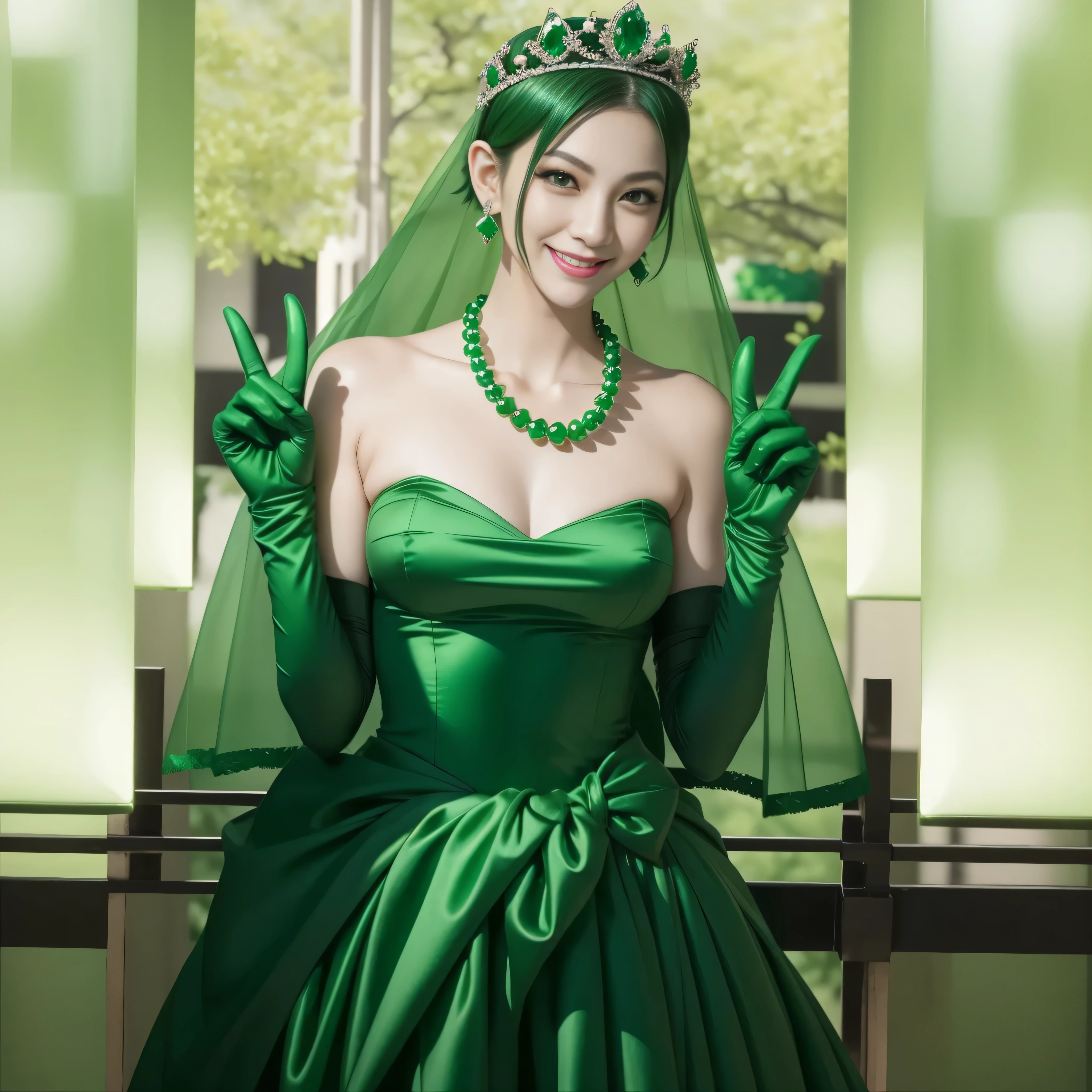 emerald tiara, green pearl necklace, boyish very short green hair, lipstick, smiling Japanese woman, very short hair, Big beautiful, green eyes, Long Green Satin Gloves, green eyes, V sign, emerald earrings, green veil, 両手でV sign, five fingers