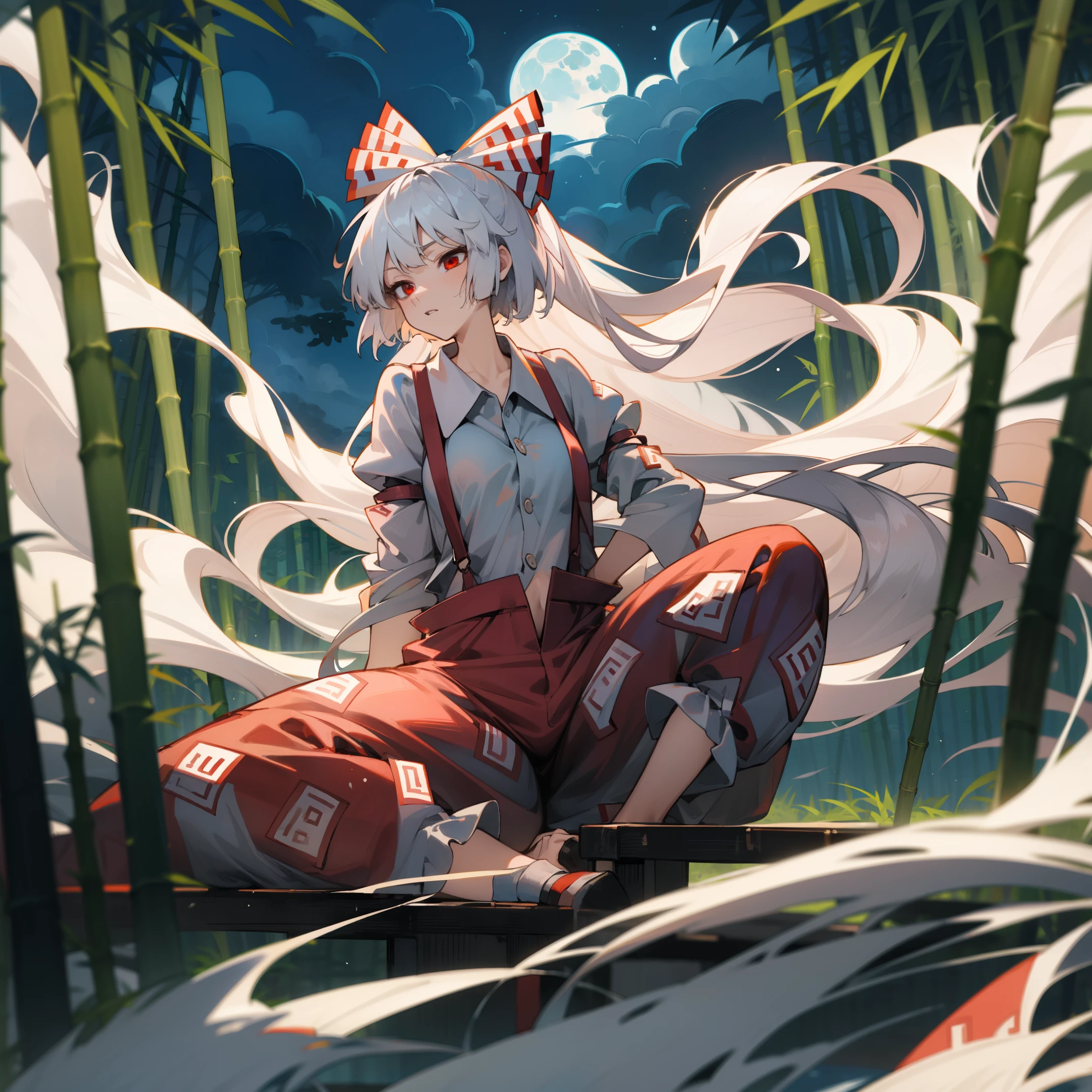 Fujiwara no Mokou(from Touhou) in bamboo forest. She has big tits. She has white hair, red eyes.  She's wearing a white shirt, sit, night, moon, hair ribbons, stay