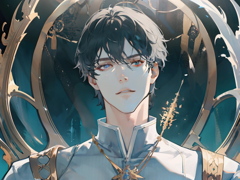 masterpiece, best quality, 1 male, adult, handsome, tall muscular guy, broad shoulders, finely detailed eyes and detailed face, extremely detailed CG unity 8k wallpaper, intricate details, short hair, fantasy, magnificent background, throne, magic effect, flame, depth of field
