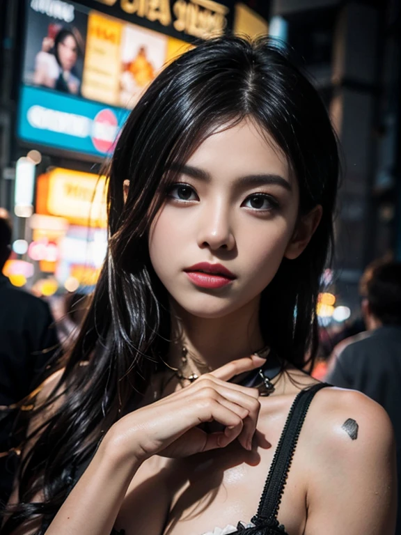 A cyberpunk city with a futuristic atmosphere with neon lights in the background, Tumblr-style city photoshoot with the Canon EOS Mark V, - 80mm anamorphic lens, ISO 100, Shutter speed 1/1450s, Autofocus perfectly captures the depth between shots, ultra sharp image, Perfect contrast and color, sunset time, boldly posing, A well-defined face, Well-detailed, honey-colored eyes, Face and hands, Ultra contoured hair line by line, Perfect tanned skin, reflecting the dim light of the sunset, Super sexy photography, Make the look natural and casual
