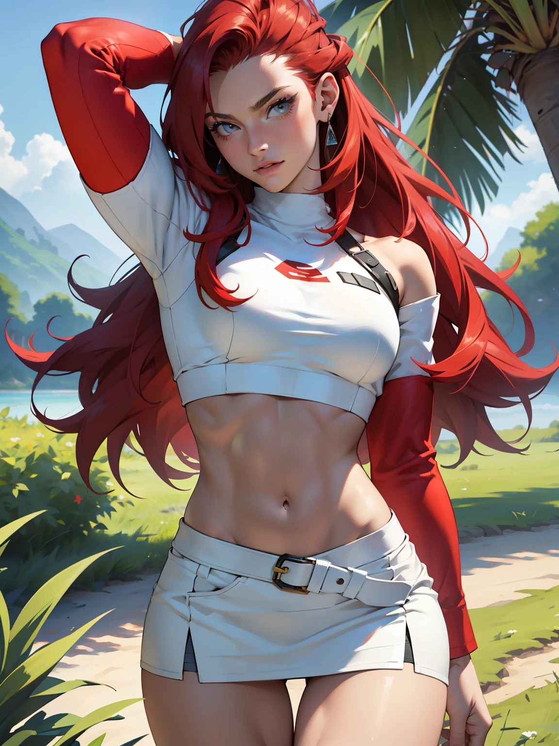 Photo, Best quality, high resolution 8k,most beautiful teenager,19 years old, white skin, ultra detailed, European, long hair, red hair,hair combed back,perfect body, exuberant exotic, erotic, , big breasts, narrow waist, slim thighs, thigh gap, very well detailed, tightmini skirt, crop top, Jessie pokemon, 