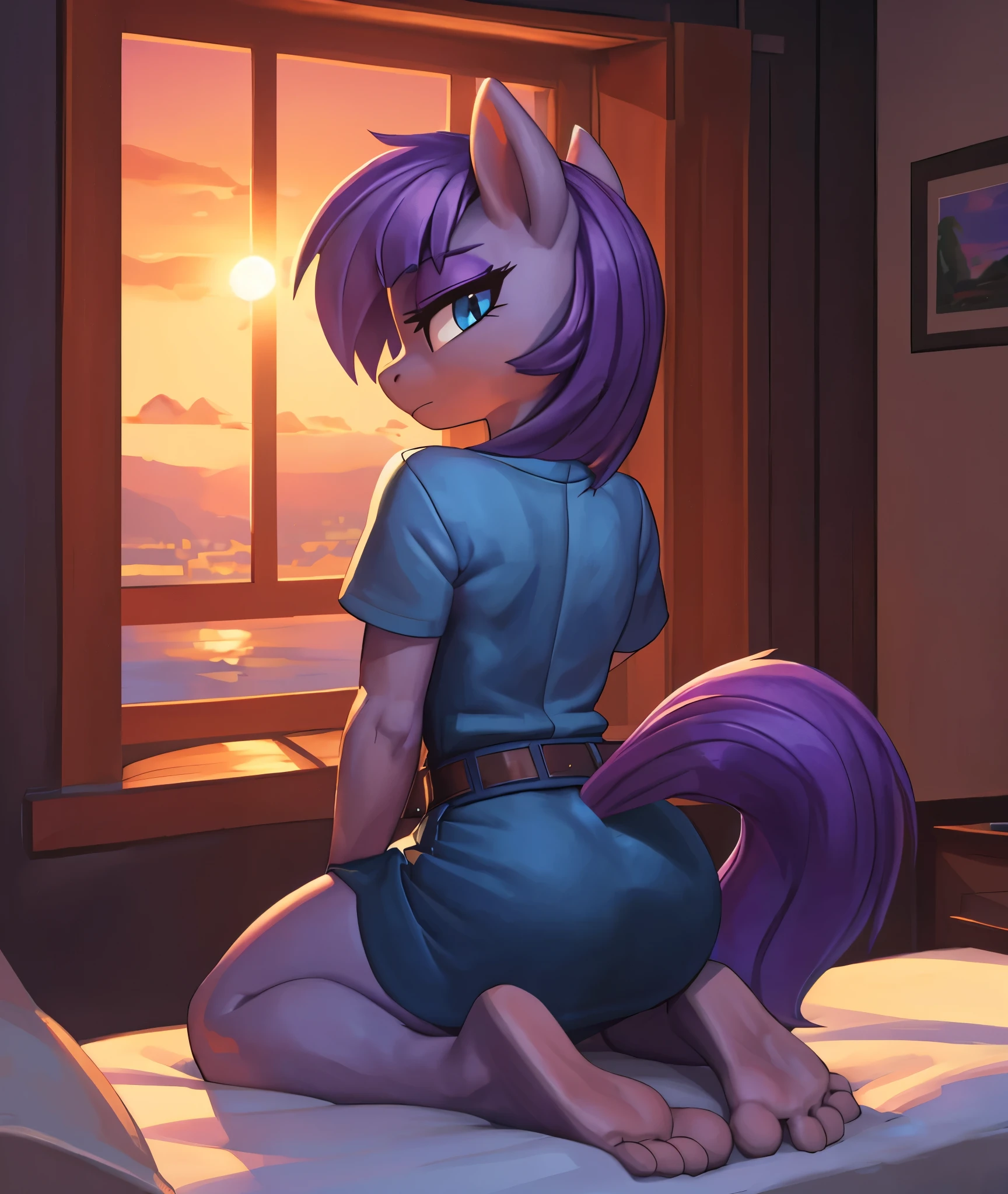 [maud pie], [Uploaded to e621.net; (Pixelsketcher), (mayosplash), (wamudraws)], [uploaded to twitter.com; (@senip)], ((masterpiece)), ((HD)), ((high res)), ((solo portrait)), ((full body)), ((back view)), ((feet visible)), ((pony; anthro horse)), ((detailed fur)), ((detailed shading)), ((beautiful render art)), {anthro female; (slim figure), grey fur, horse snout, (long straight purple hair), (straight bang), (long purple tail), (cute light-blue eyes), (long eyelashes), (purple eyeshadow), (curvy hips), (thick thighs), (beautiful legs), (beautiful feet), (humanoid feet), (detailed soles), (bored expression)}, {(tight u-neck blue dress), (short sleeves), (short tight blue pencil dress), (black waist belt)}, {(on bed), (kneeling), (wiggling toes), (looking back), (looking at viewer)}, [background; (living room), (window), (sunset), (orange sky), (sun rays), (ambient lighting)]