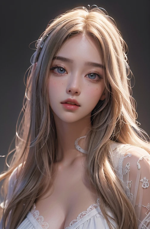 (hyperrealistic), (illustration), (high resolution), (8K), (extremely detailed), (best illustration), (beautiful detailed eyes), (best quality), (ultra-detailed), (masterpiece), (wallpaper), (detailed face), solo 1 girl, white wavy hair, korean, desnuda total, pechos enormes, vagina sin pelos, mirando al espectador con cara probocativa