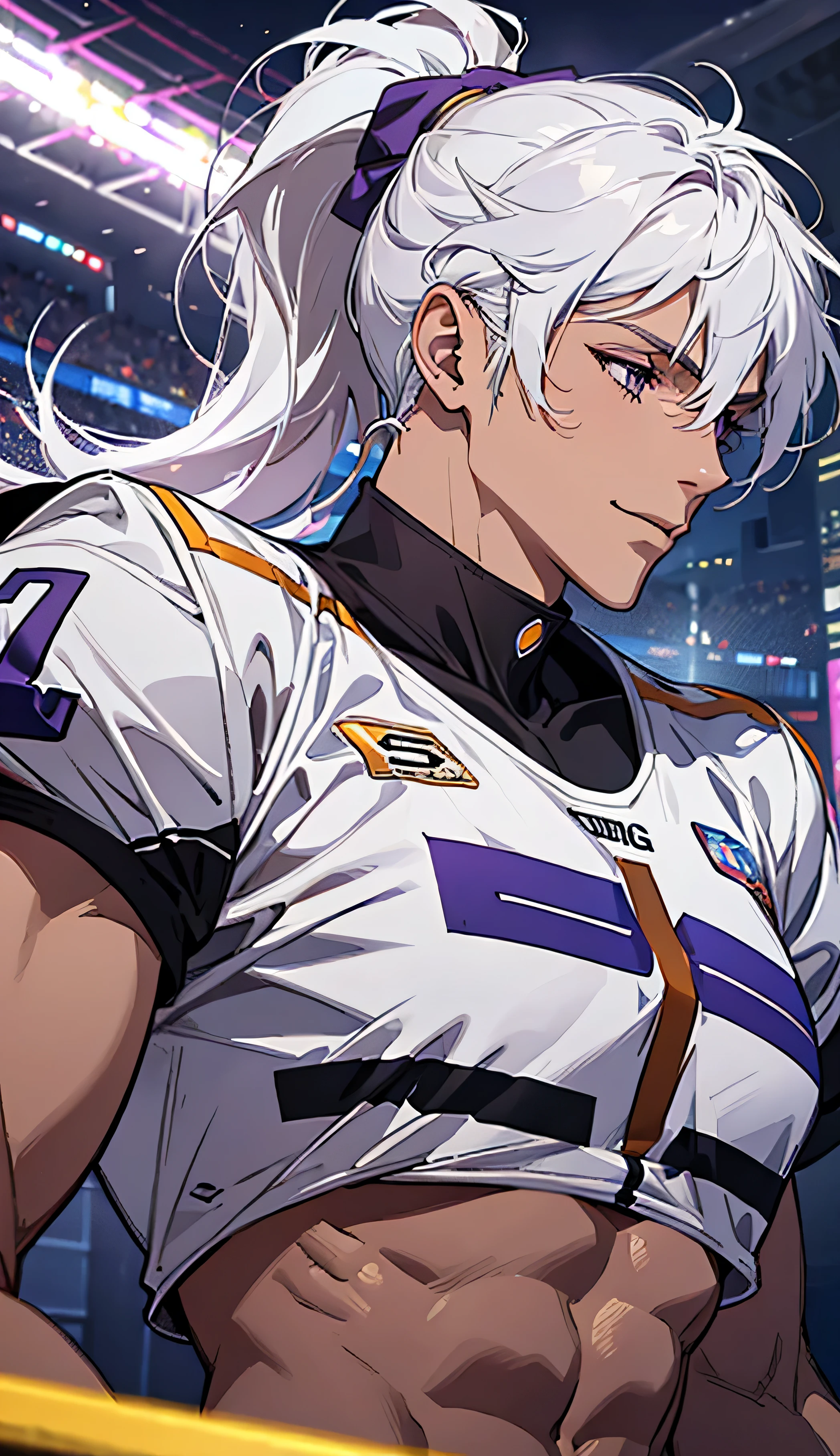 White hair with brown streaks, long fluffy hair, messy bangs, ponytail, sunkissed tan skin, purple lilac eyes, soft expressive eyes, big smile, veins on arms and hands, A handsome man, slim figure, football player, football uniform, A football field, big pectorals, Impressionism, Cinematic lighting, hyper HD, Masterpiece, High details, flexing his muscles