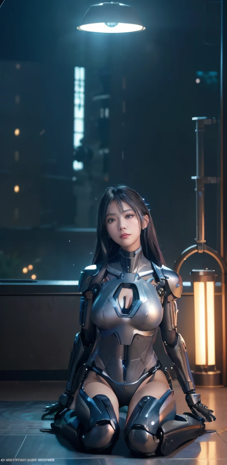 masterpiece、((gray suit))、 ((plug suit)), ((超beautiful girl:1.2))、i have no arms.、mechanized body、Mechanized chest and abdomen、mechanized occiput、Mecha leg rack metallic suit that fits perfectly to the body、 Are standing、tied up、金属robot、((cyberpunk background))、(neon light)、(Futuristic machine factory background)、Cyberdyne、artificial body、All metal body、ironwork、abdominal mechanism、((robotアームとハンド))、((robotの足))、((machine neck))、Inside the spaceship、beautiful girl、、asian beauty, (Actuator and cable exposed from abdomen.、金属製robotの首から胴体までつながっている、Complex 3d rendering beautiful porcelain profile super be familiar withd female android face、cyborg、robot部品、150mm、Soft light in a beautiful studio、rim light、vivid details、gorgeous cyberpunk、Ren Hao、超realistic、anatomical、facial muscles、cable wire microchip、elegant、beautiful background、octane rendering、HR giger style、8K、highest quality、masterpiece、enlightenment、very delicate and beautiful、 非常にbe familiar withなCG、unity、wallpaper、(realistic、Photoreal:1.37)、wonderful、be familiar with、masterpiece、highest quality、official art、Highly be familiar withd CG unity 8k wallpaper、absurd、incredibly absurd、、robot、silver beads、Full body Esbian、sit on top
