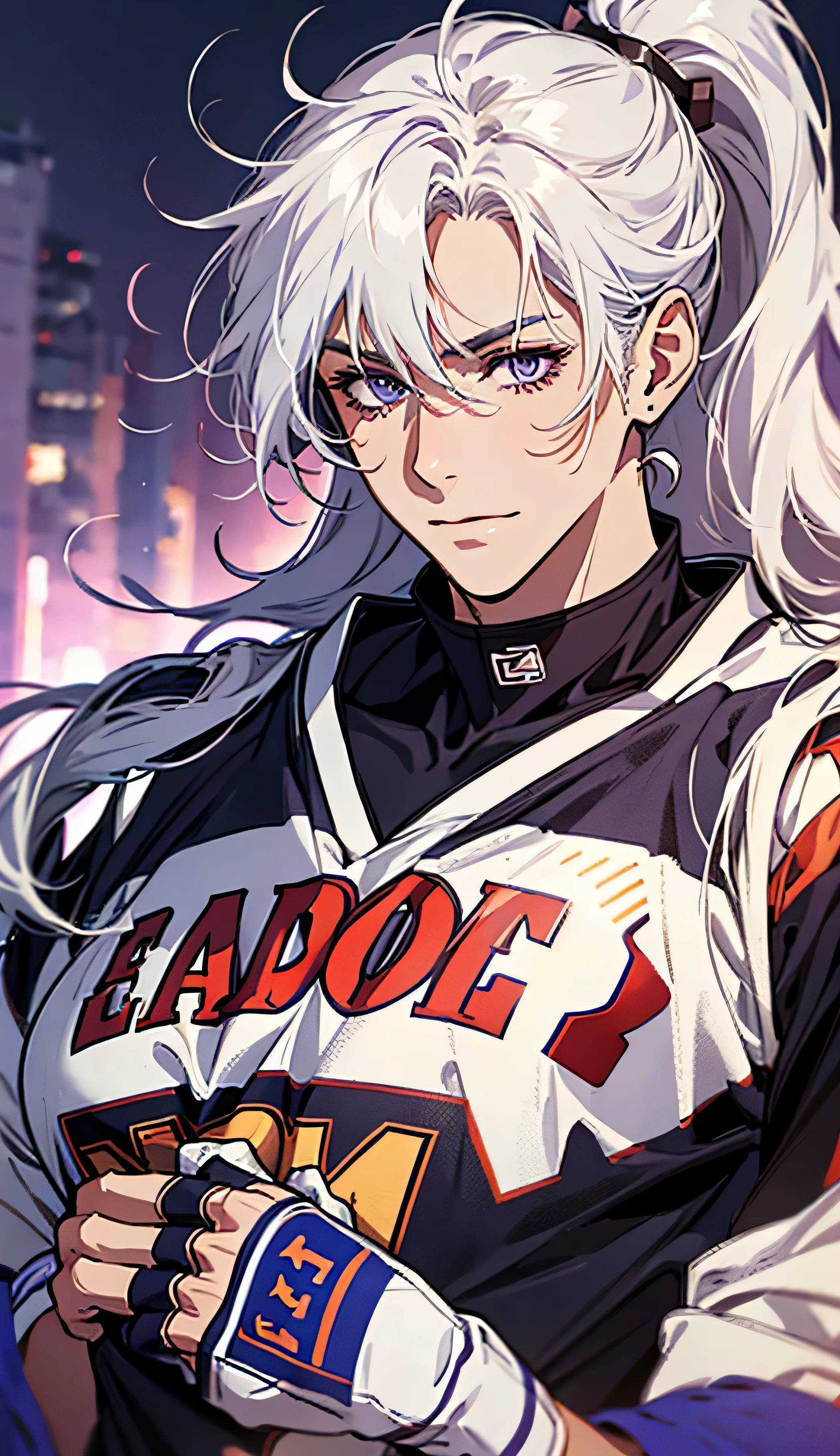 White hair with brown streaks, long fluffy hair, messy bangs, ponytail, sunkissed tan skin, purple lilac eyes, soft expressive eyes, big smile, veins on arms and hands, A handsome man, slim figure, football player, football uniform, A football field, big pectorals, Impressionism, Cinematic lighting, hyper HD, Masterpiece, High details, flexing his muscles