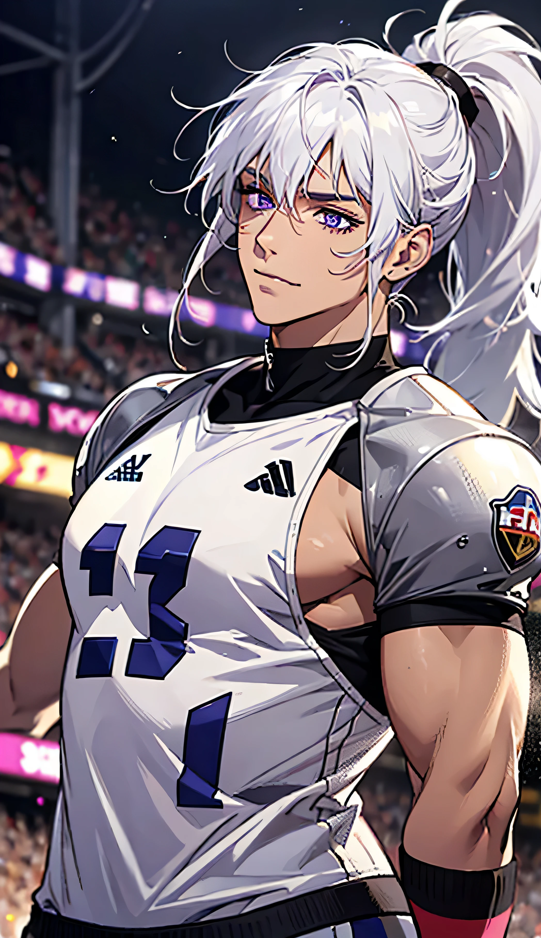 White hair with brown streaks, long fluffy hair, messy bangs, ponytail, sunkissed tan skin, purple lilac eyes, soft expressive eyes, big smile, veins on arms and hands, A handsome man, slim figure, football player, football uniform, A football field, big pectorals, Impressionism, Cinematic lighting, hyper HD, Masterpiece, High details, flexing his muscles