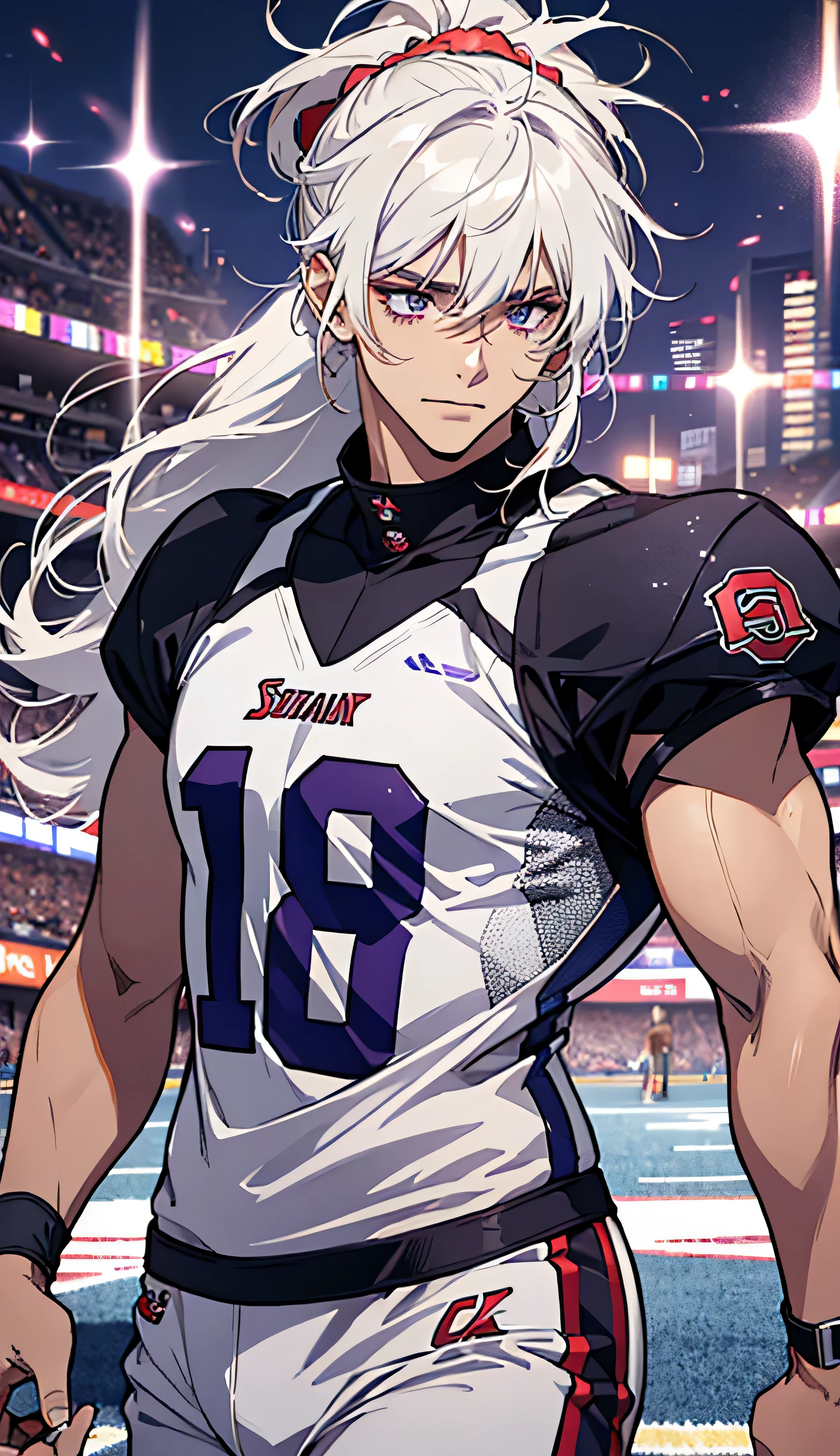 White hair with brown streaks, long fluffy hair, messy bangs, ponytail, sunkissed tan skin, purple lilac eyes, soft expressive eyes, big smile, veins on arms and hands, A handsome man, slim figure, football player, football uniform, A football field, big pectorals, Impressionism, Cinematic lighting, hyper HD, Masterpiece, High details, flexing his muscles