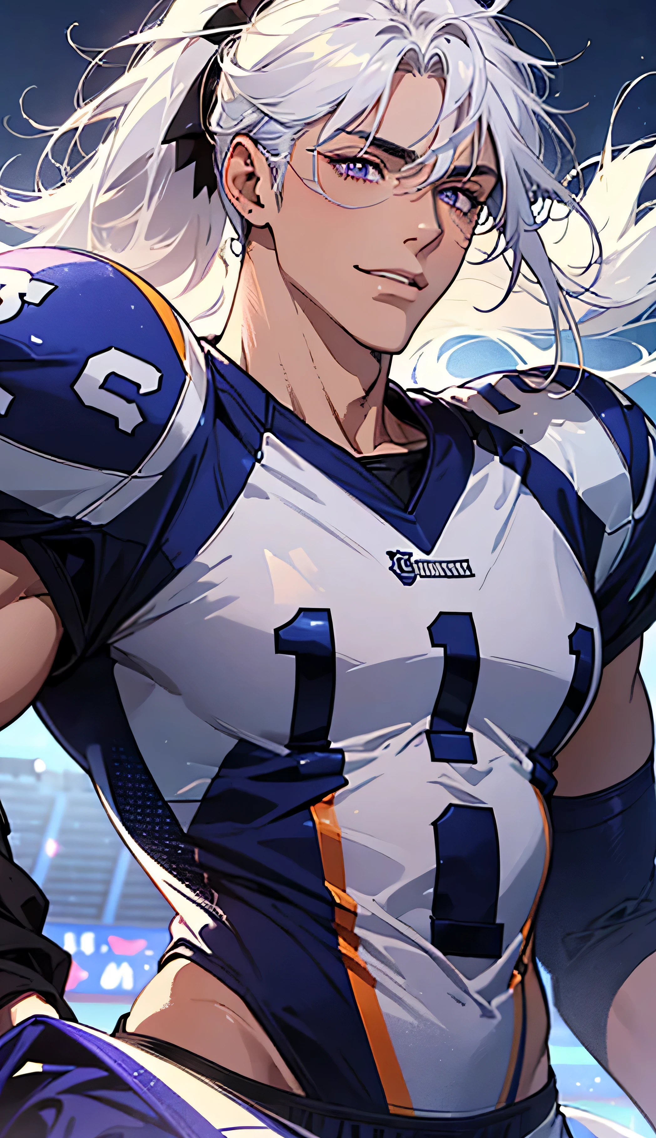 White hair with brown streaks, long fluffy hair, ponytail, sunkissed tan skin, purple lilac eyes, soft expressive eyes, big smile, abs, veins on arms and hands, A handsome man, curlies, American footbal playerfootball uniform, A football field, big pectorals, Impressionism, Cinematic lighting, hyper HD, Masterpiece, High details, flexing his muscles