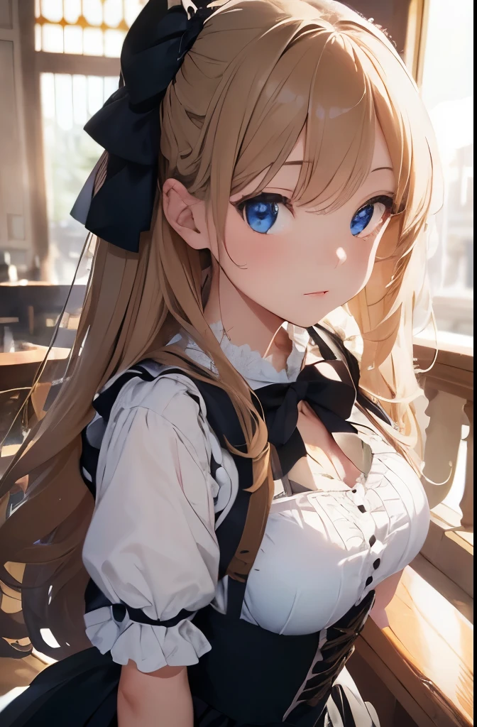 (masterpiece, highest quality, absolute resolution, ultra realistic), wavy long hair, beautiful woman, Lolita. (realistic work, high density and detail, realistic materials and textures, light sources, perfect anatomy), long wavy hair, beautiful woman, Lolita fashion, blue eyes, blond hair, white T-shirt, black skirt