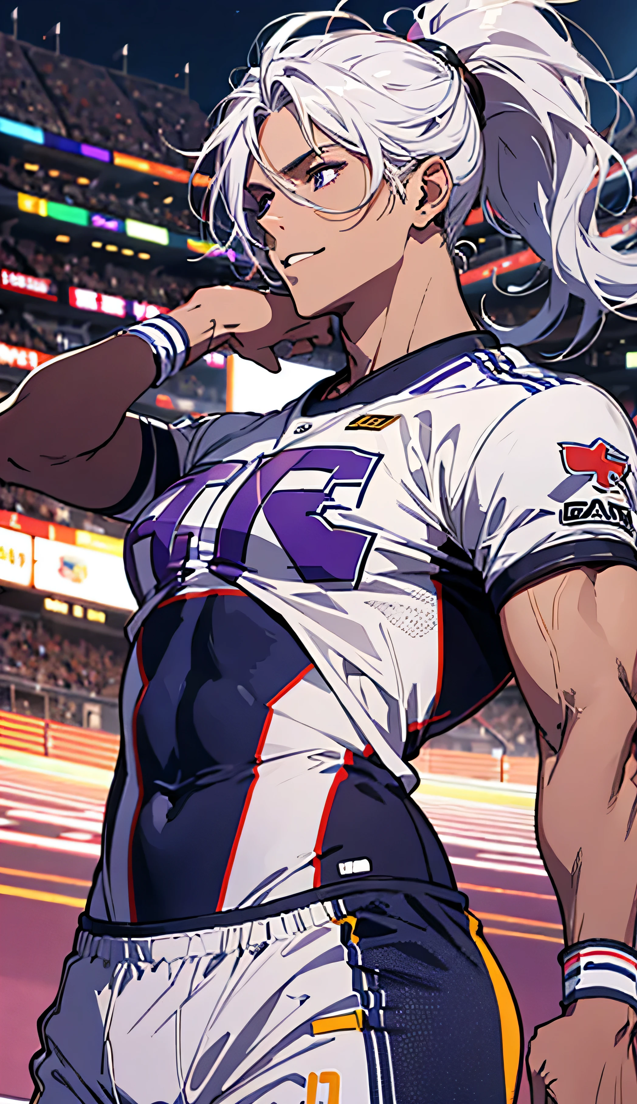 White hair with brown streaks, long fluffy hair, ponytail, sunkissed tan skin, purple lilac eyes, soft expressive eyes, big smile, abs, veins on arms and hands, A handsome man, curlies, American footbal playerfootball uniform, A football field, big pectorals, Impressionism, Cinematic lighting, hyper HD, Masterpiece, High details, flexing his muscles