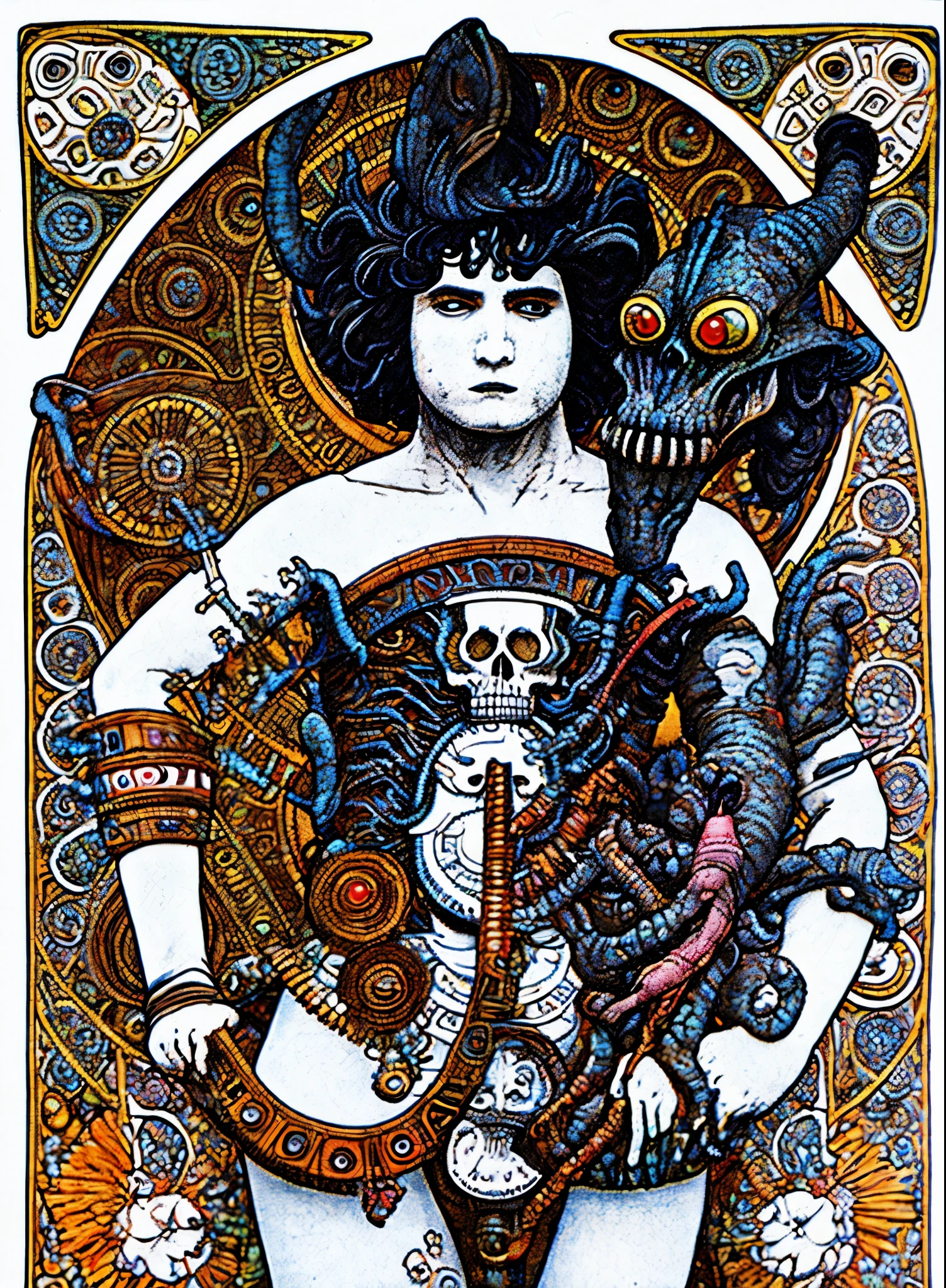 a masterpiece, hnsrdlf style, HR Giger sexy necrotic burlesque woman with intricate biomechanical detail, bat wings eyes, cherub bullets, Hans Ruedi Giger's face, Friedrich Khn's face, gargoyles, snakes, mechanical earwigs, sperm, necrotic pale skin, skulls, monsters, inner jaw, xenomorph transparent head, facehugger, chestburster, ovomorph, space jockey, fleshy landscapes, phallic symbolism, penis monsters, coin slot, opening, bird skulls, color, highly detailed, black and white, (hrgiger-drmacabre:0.8), disgusting, dark, lilith, crown, cute cat, art nouveau style, amarna style,