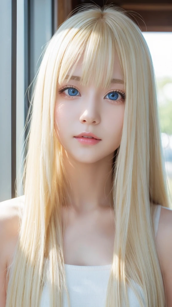silky white skin、sexy cute sexy little beautiful face、Glowing blonde dancing in front of cute face、Super long silky bangs that cover the eyes、Very beautiful bright light blue big eyes、very big eyes、blonde hiding her face、very long blonde hair、sexy cute young woman、Super long blonde shiny hair、blonde hair above the eyes、片blonde hair above the eyes、blonde between the eyes、very white bright glossy skin、cheek gloss highlight