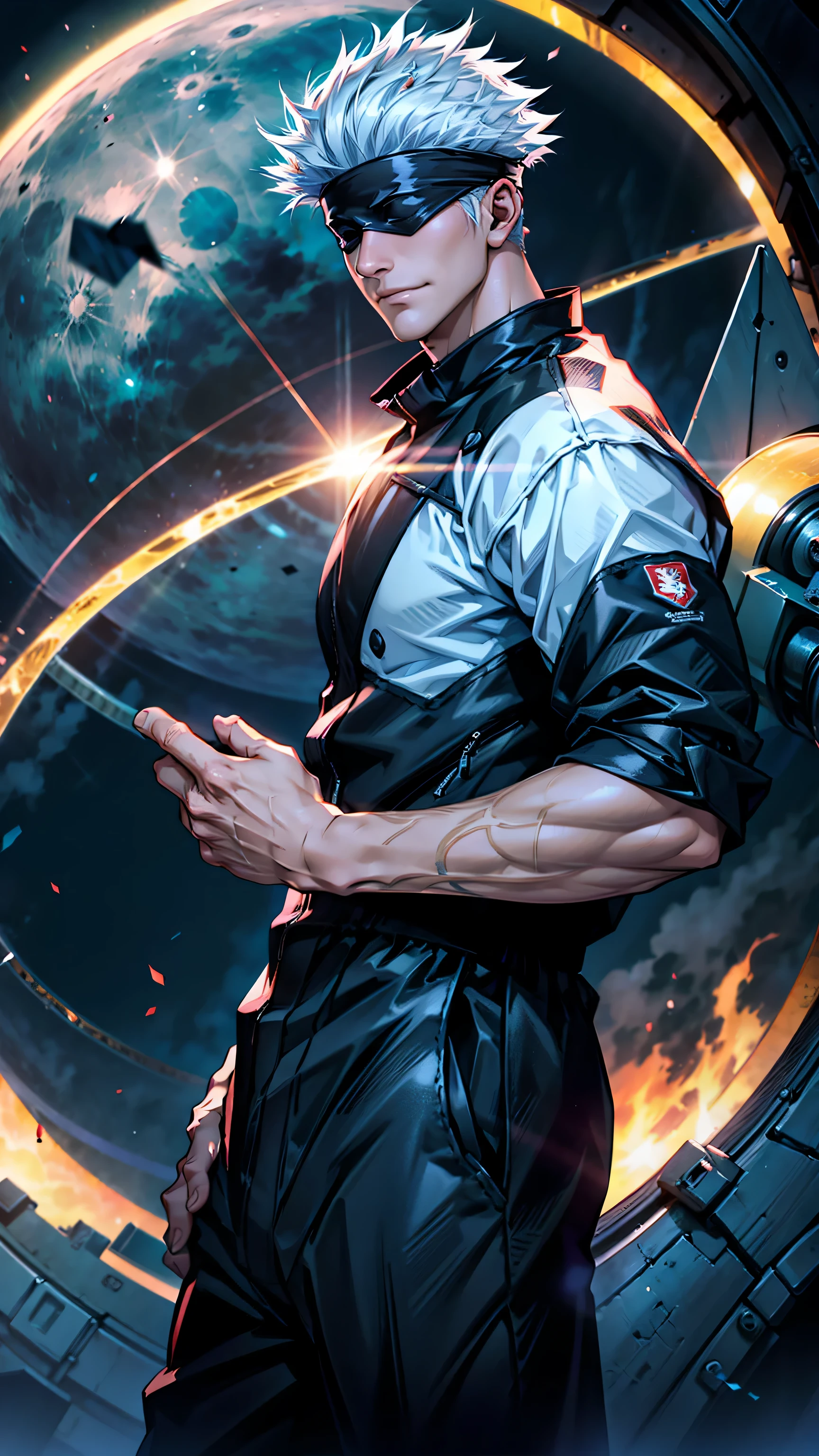 1boy, half body shot, perfect hand and fingers, satoru gojo, blindfold, black outfit, white hair, look at sky, smirk, red and blue moon city night background, wallpaper, cinematic,High resolution 8K, Bright light illumination, lens flare, sharpness, masterpiece, top-quality, The ultra -The high-definition, high resolution, extremely details CG, Anime style, Film Portrait Photography,masterpiece,hyperdetail