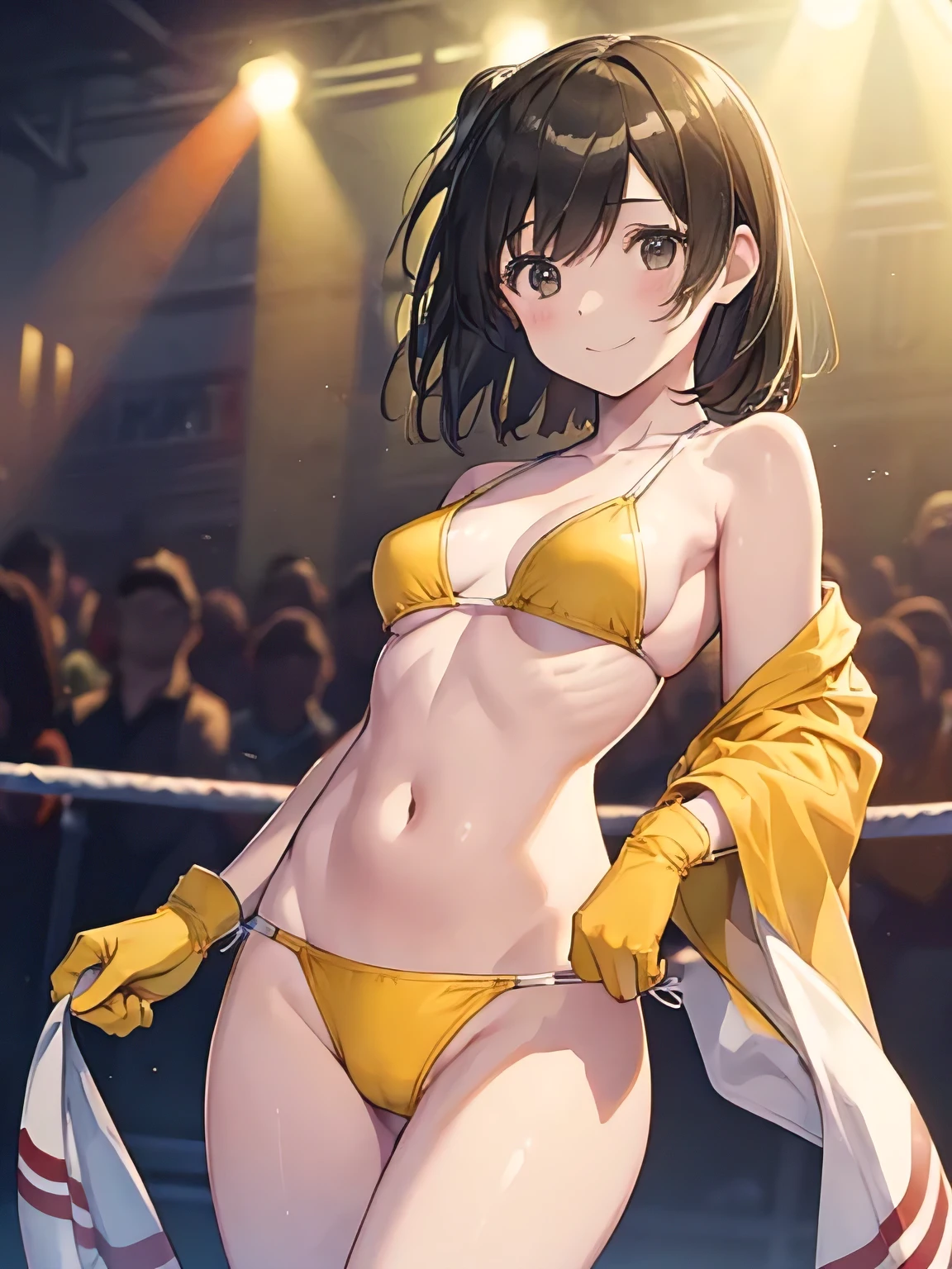 (pieces fly, highest quality:1.2), cowboy shot, alone, 1 girl, Hiryū, shy smile, looking at the viewer,Yellow Bikini、one side up, , Gloves without partial fingers、The background is professional wrestling、Audience seats、Are standing、facing forward
