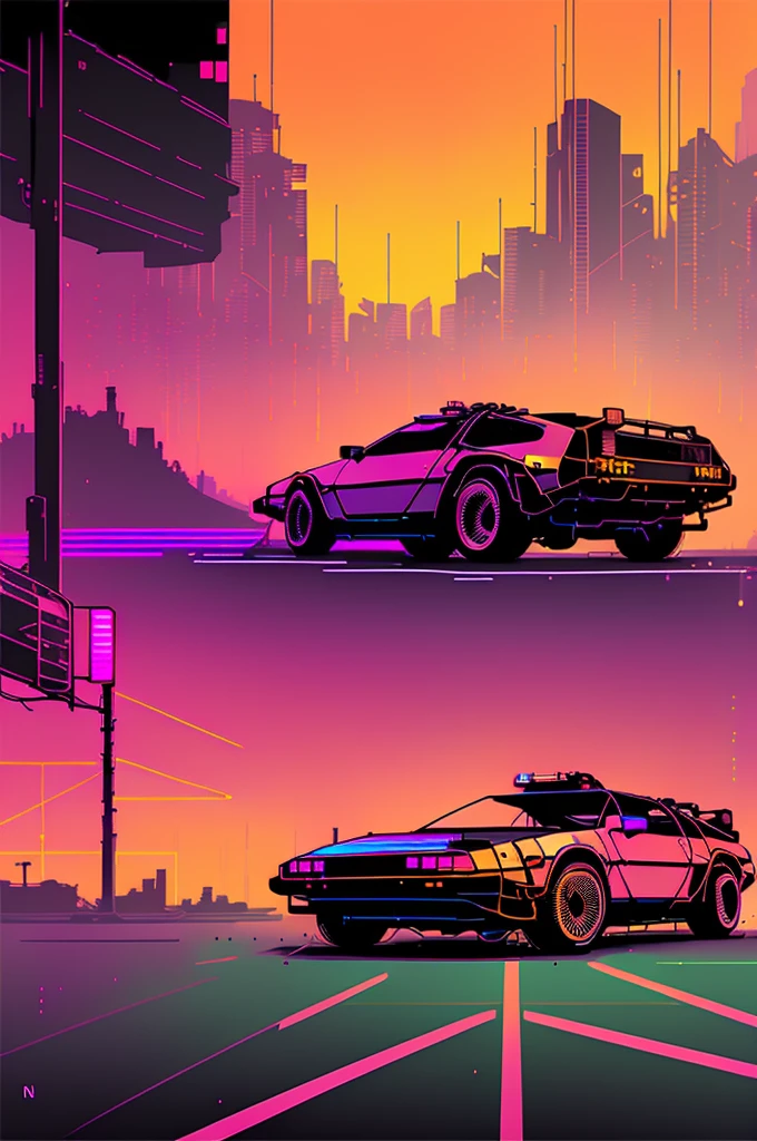 (nvinkpunk:1.2) (snthwve style:0.8) delorean, lightwave, sunset, intricate, highly detailed