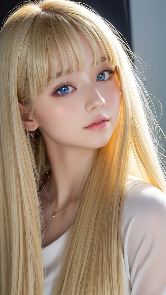 ponytail、silky white skin、sexy teen cute sexy little beautiful face、Glowing blonde dancing in front of cute face、Super long silky bangs that cover the eyes、Very beautiful bright light blue big eyes、very big eyes、blonde hiding her face、very long blonde hair、sexy cute young woman、Super long blonde shiny hair、blonde hair above the eyes、片blonde hair above the eyes、blonde between the eyes、very white bright glossy skin、cheek gloss highlight