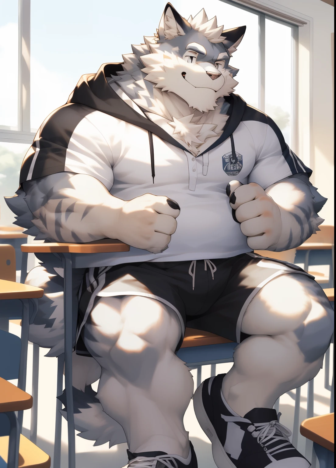 hairy,((Wolf,white hoodie,shorts,Casual shoes,white socks)),white fur,male,Common,full body picture((极其lifelike阴影,masterpiece,Very detailed,lifelike)), ((Cat)),dynamic poses,In classrooms,Black-rimmed glasses,smirk,sit on the chair,window location,((极其lifelike背景,masterpiece,Very detailed,lifelike)),穿着white socks