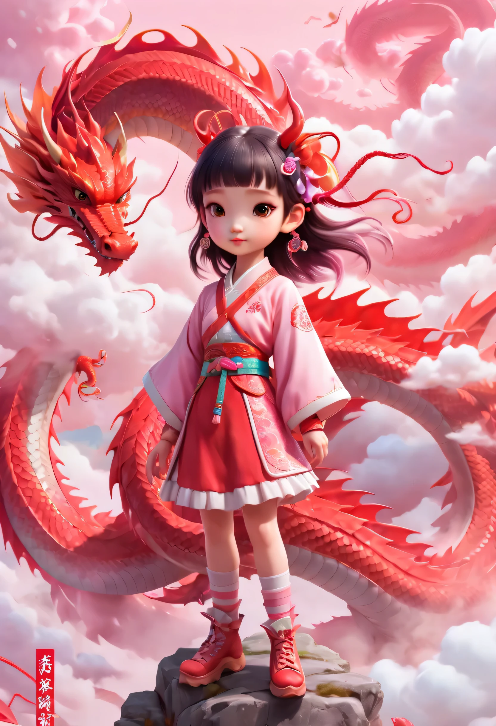 Yu Dong's《Red Dragon》Presenting an ethereal cloud style, cute girls, tame long, Color cartoons, realistic details, light pink, Vibrant illustrations, chinapunk, and harmonious balance