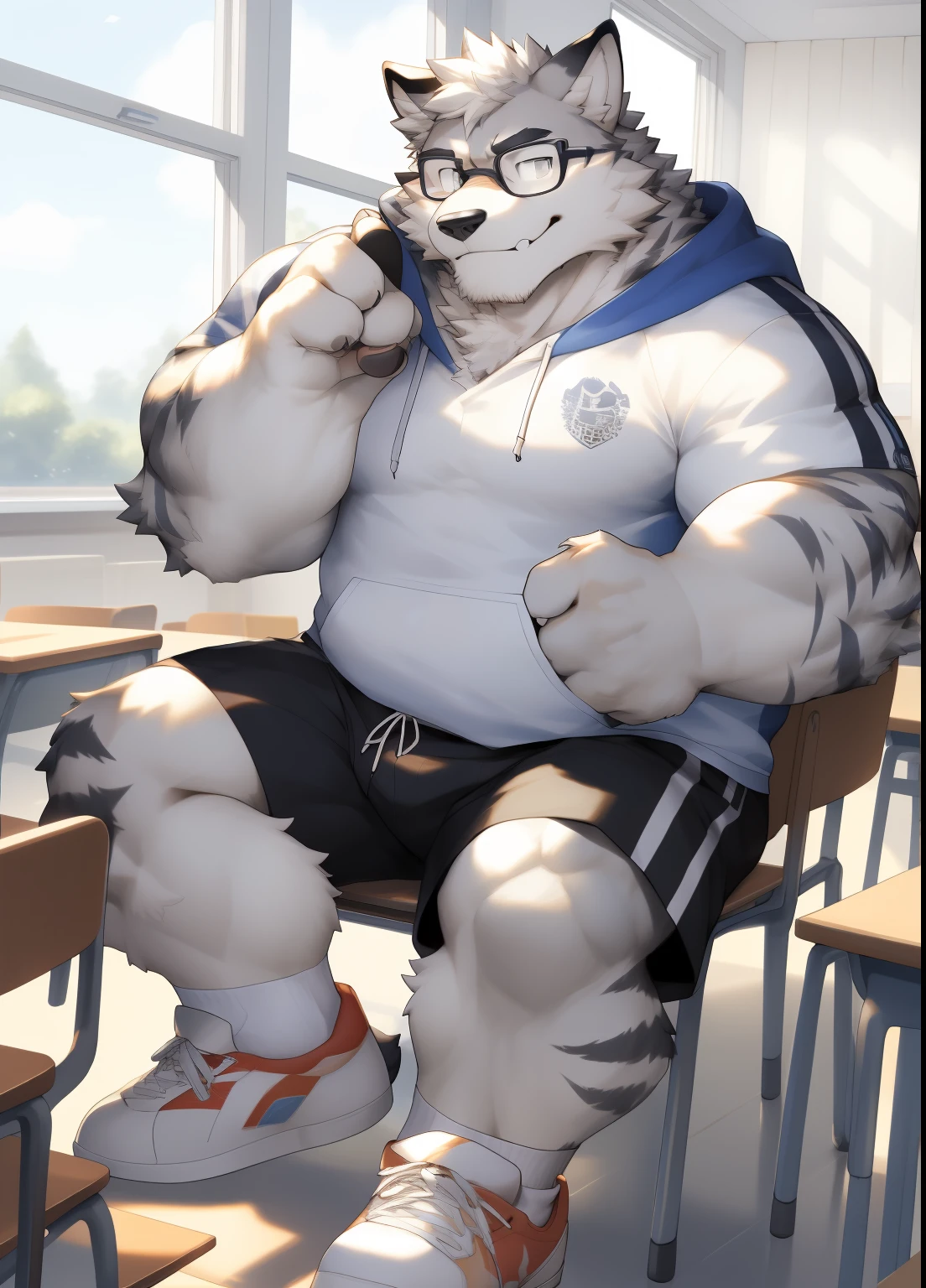 hairy,((Wolf,white hoodie,shorts,Casual shoes,white socks)),white fur,male,Common,full body picture((极其lifelike阴影,masterpiece,Very detailed,lifelike)), ((Cat)),dynamic poses,In classrooms,Black-rimmed glasses,smirk,sit on the chair,window location,((极其lifelike背景,masterpiece,Very detailed,lifelike)),穿着white socks